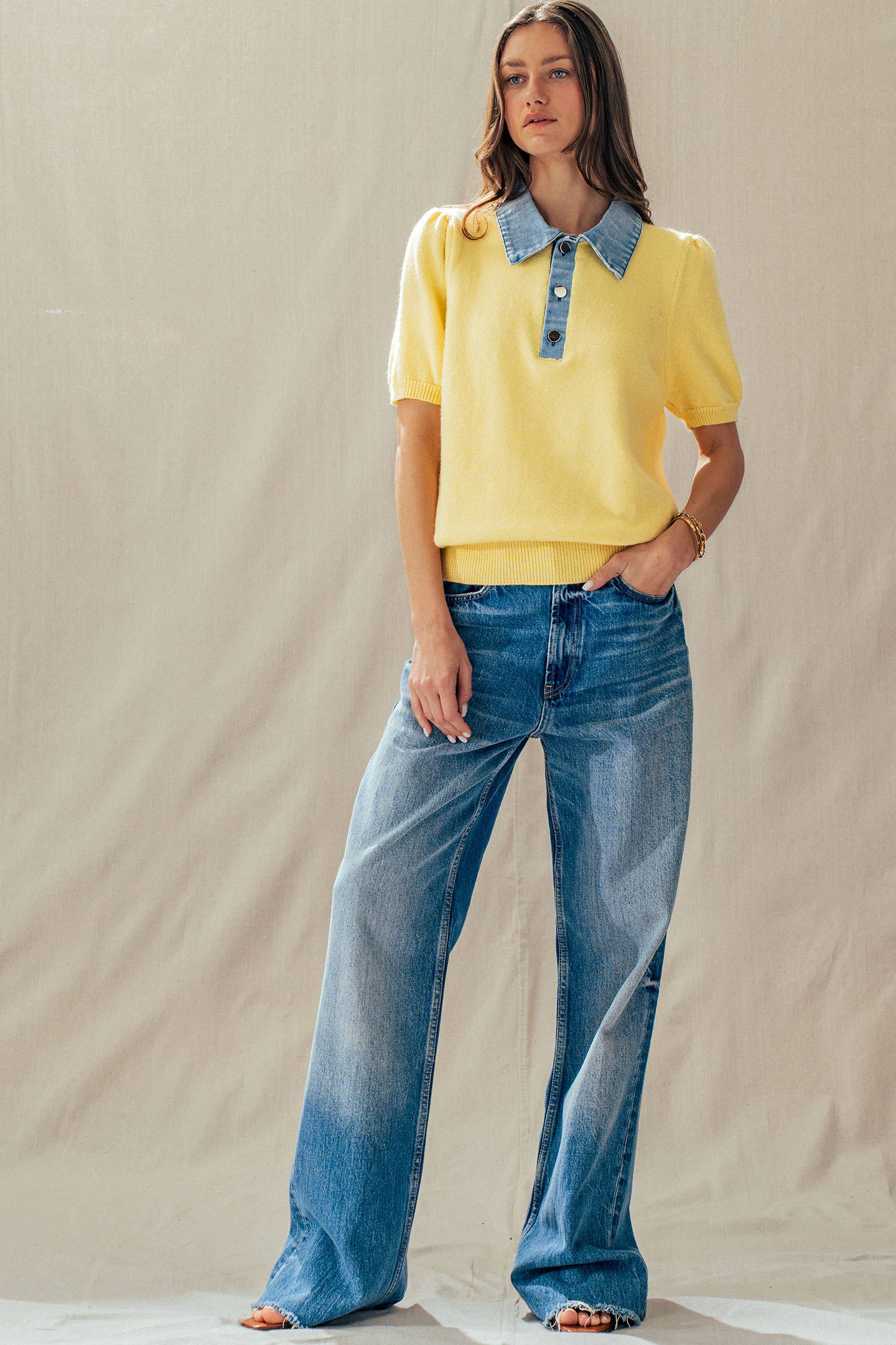 Contrast Denim Collar Knit Sweater Top