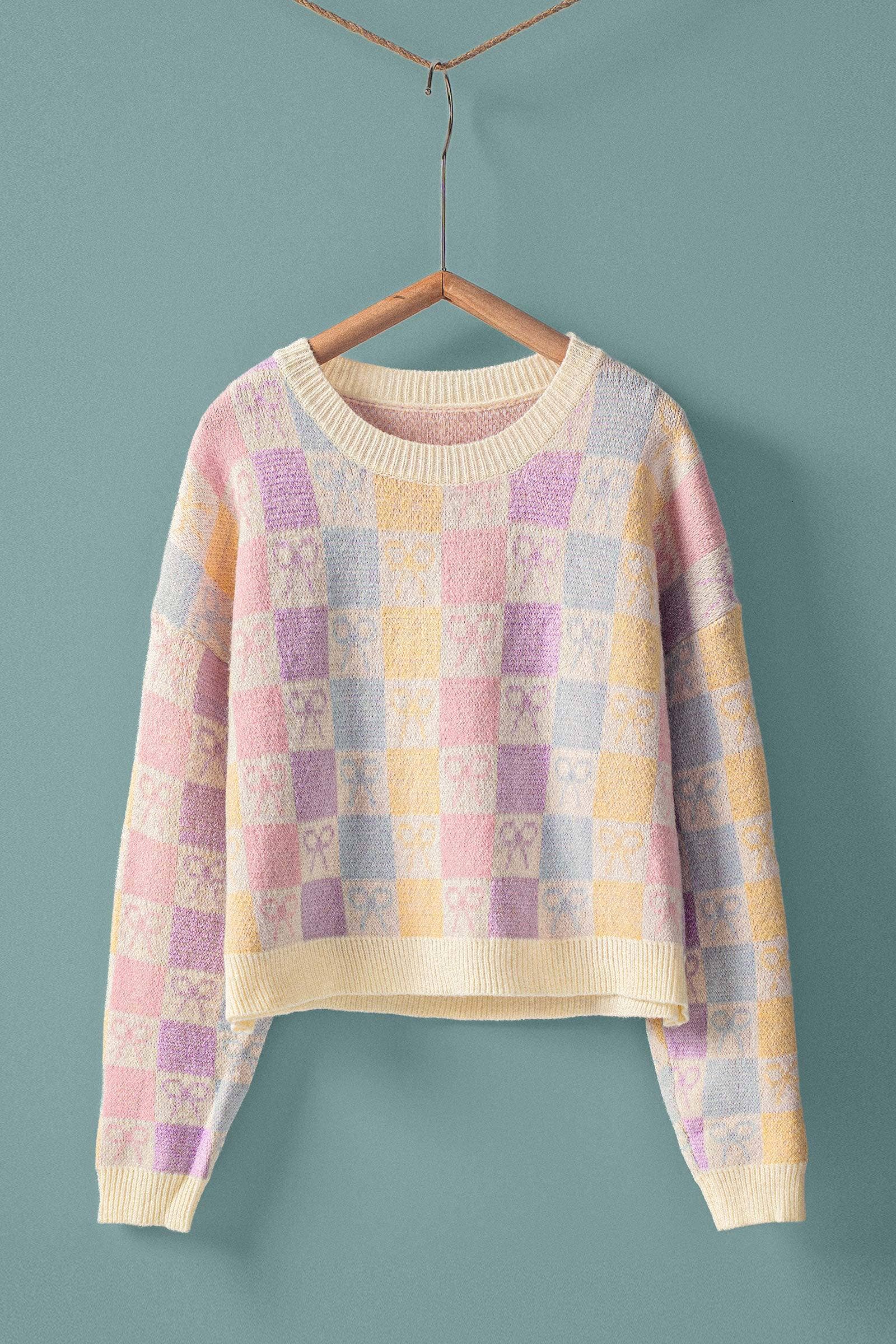 Urban Daizy Pastel Checkered Coquette Bow Knit Sweater Pastel Knit Sweater - Women's (UDZ-KN-00553)