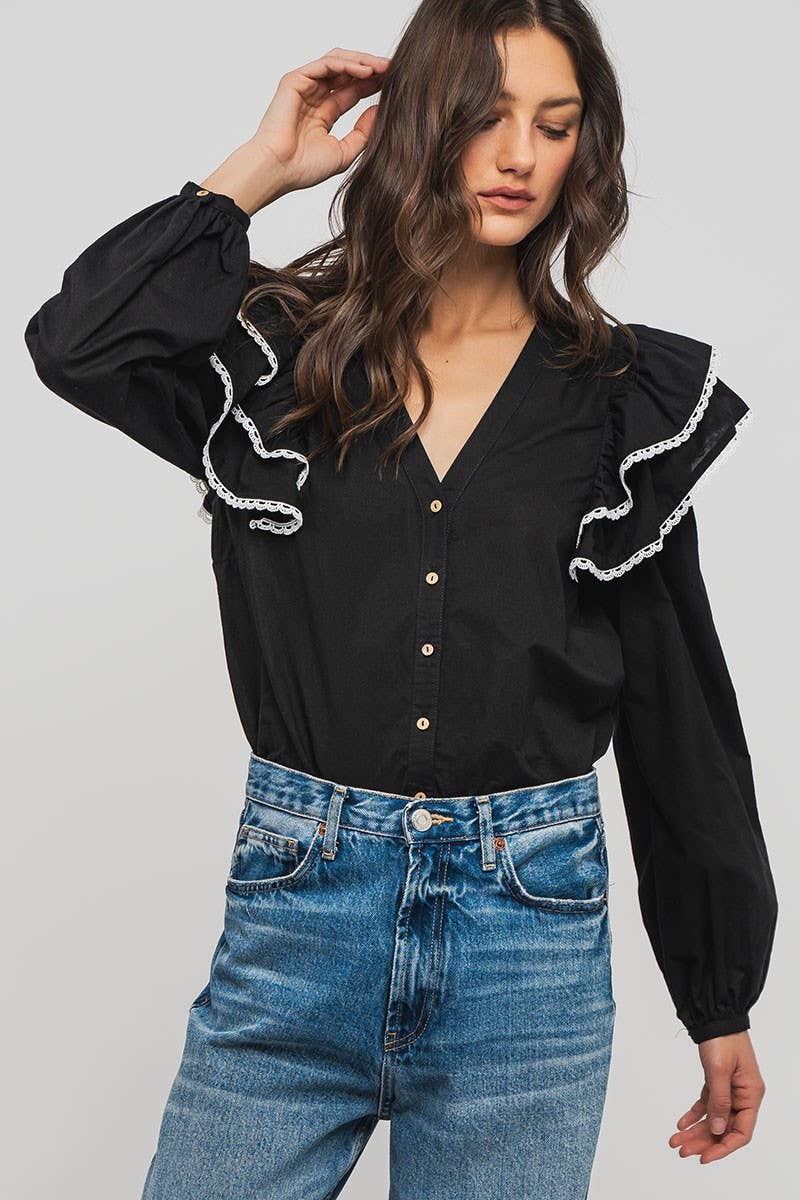 Urban Daizy Ruffled Shoulder V Neck Button Down Blouse White Black Blouse - Women's (UDZ-TP-00746) – alternate view 14