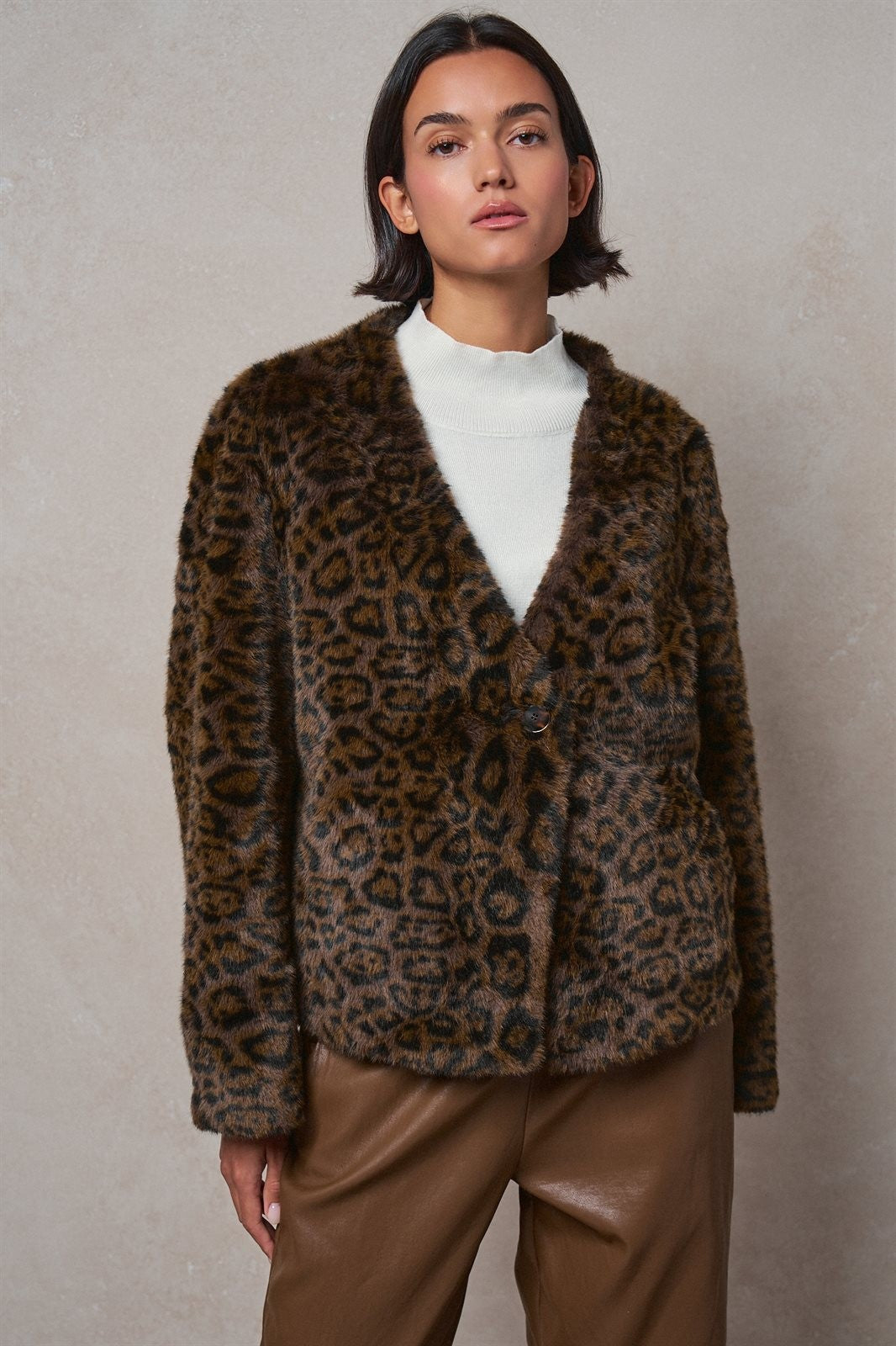 Leopard Print Faux Fur V-Neck Jacket in BROWN - Women's Jackets & Blazers | Urban Daizy