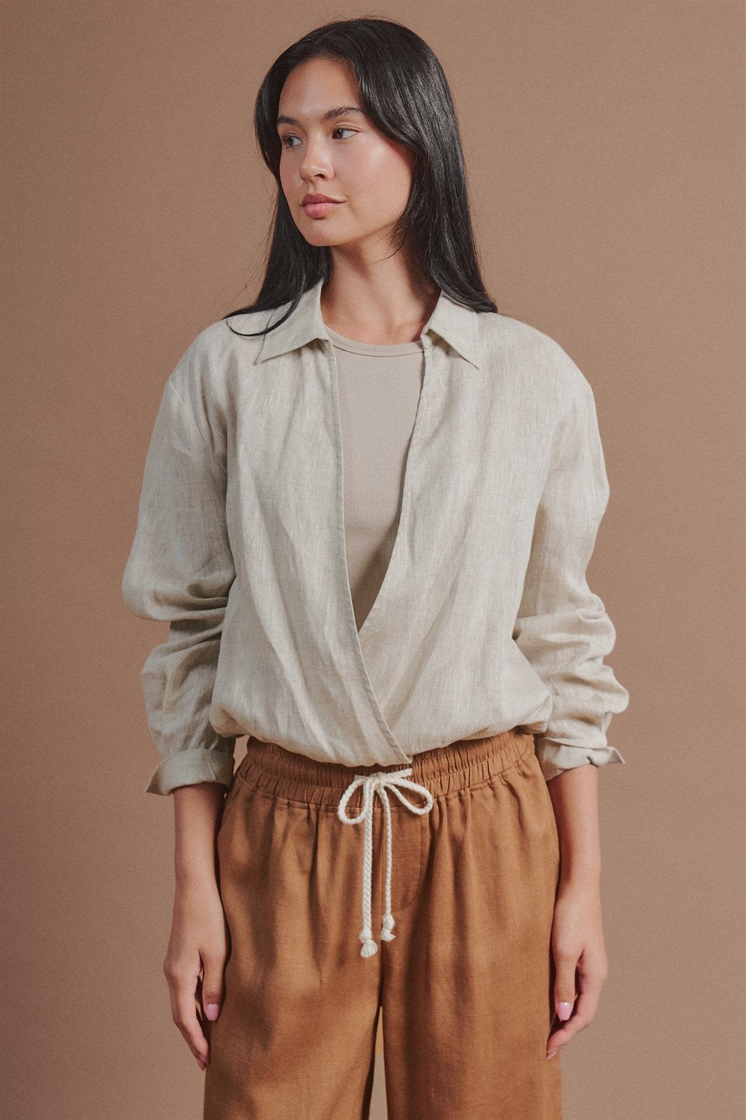Linen Double Layer Wrap Blouse with Built-In Tank in LINEN - Women's Shirts & Blouses | Urban Daizy