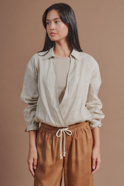 Collared Linen Wrap Crop Top with Built In Tank