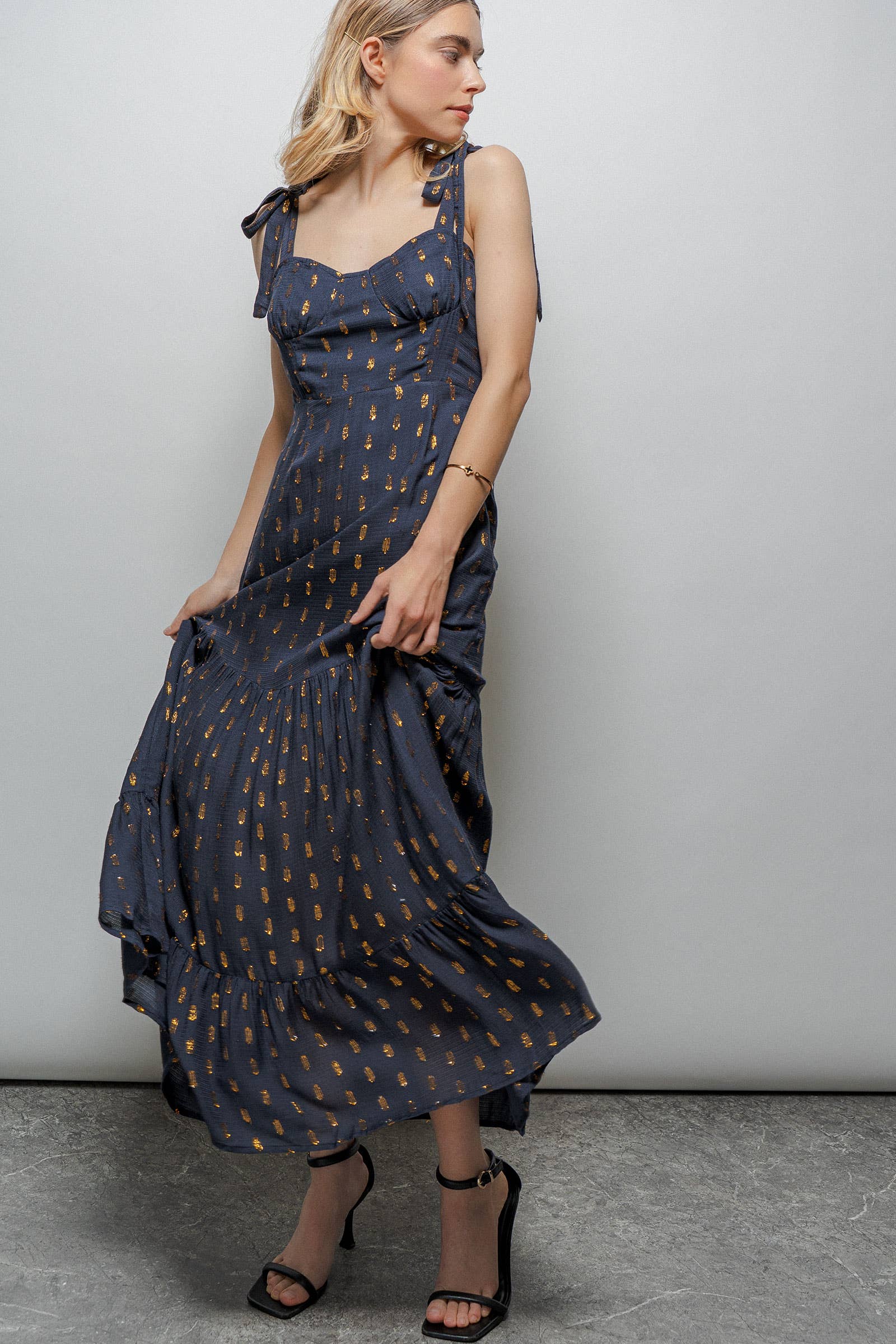 Urban Daizy Metallic Tie-Shoulder Smocked Maxi Dress Navy-Gold Dress - Women's (UDZ-KN-00657) – alternate view 5