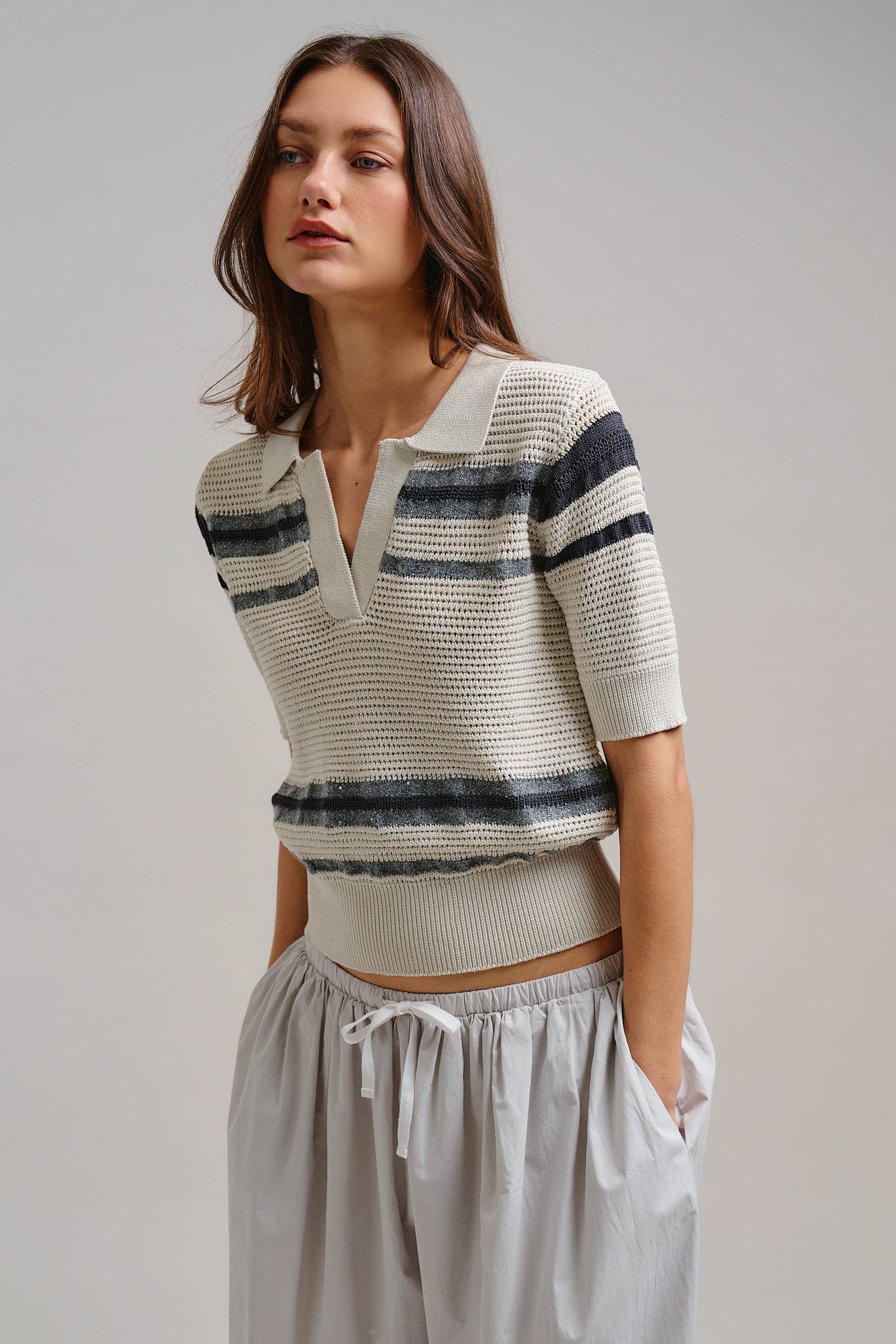 Retro Striped Open Knit V-Neck Polo