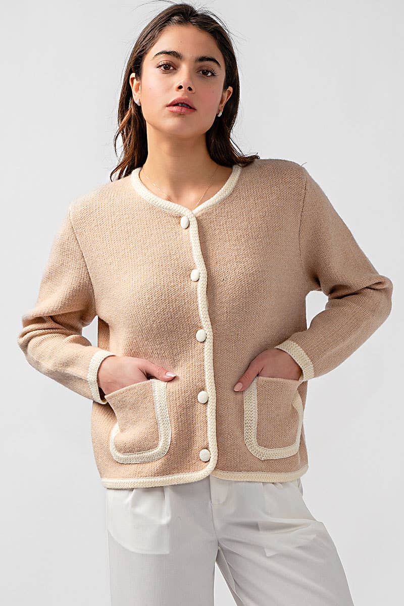 Urban Daizy Classic Contrast Trim Patch Pocket Cardigan Ivory Cardigan - Women's (UDZ-KN-00363) – alternate view 4