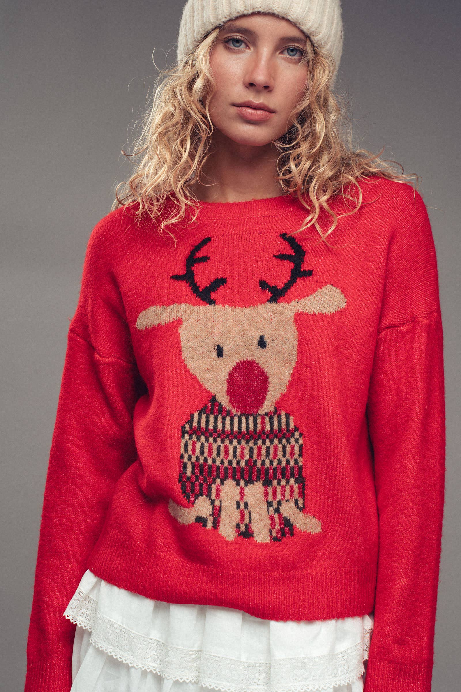 Urban Daizy Rudolph Reindeer Knit Crewneck Sweater Grey Knit Sweater - Women's (UDZ-KN-00538) – alternate view 20