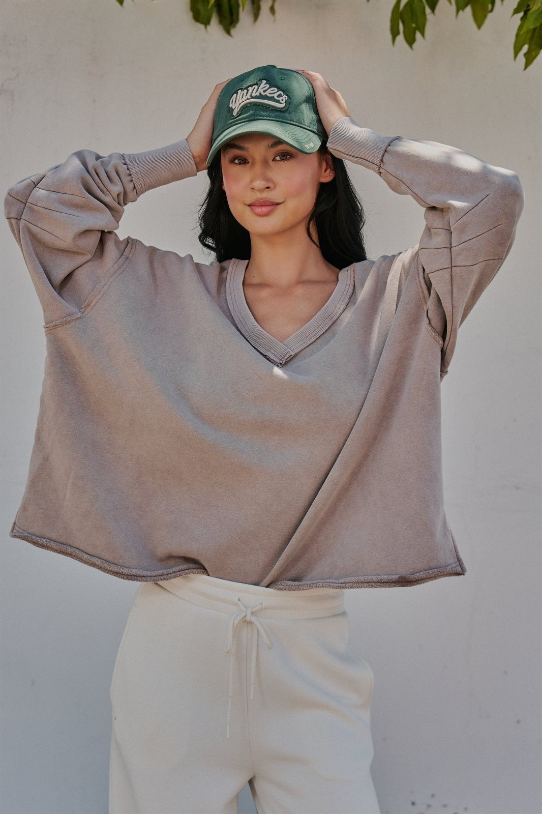 Relaxed Vintage V-Neck Oversized Sweatshirt in MOCHA MOUSSE - Women's Sweatshirts & Hoodies | Urban Daizy