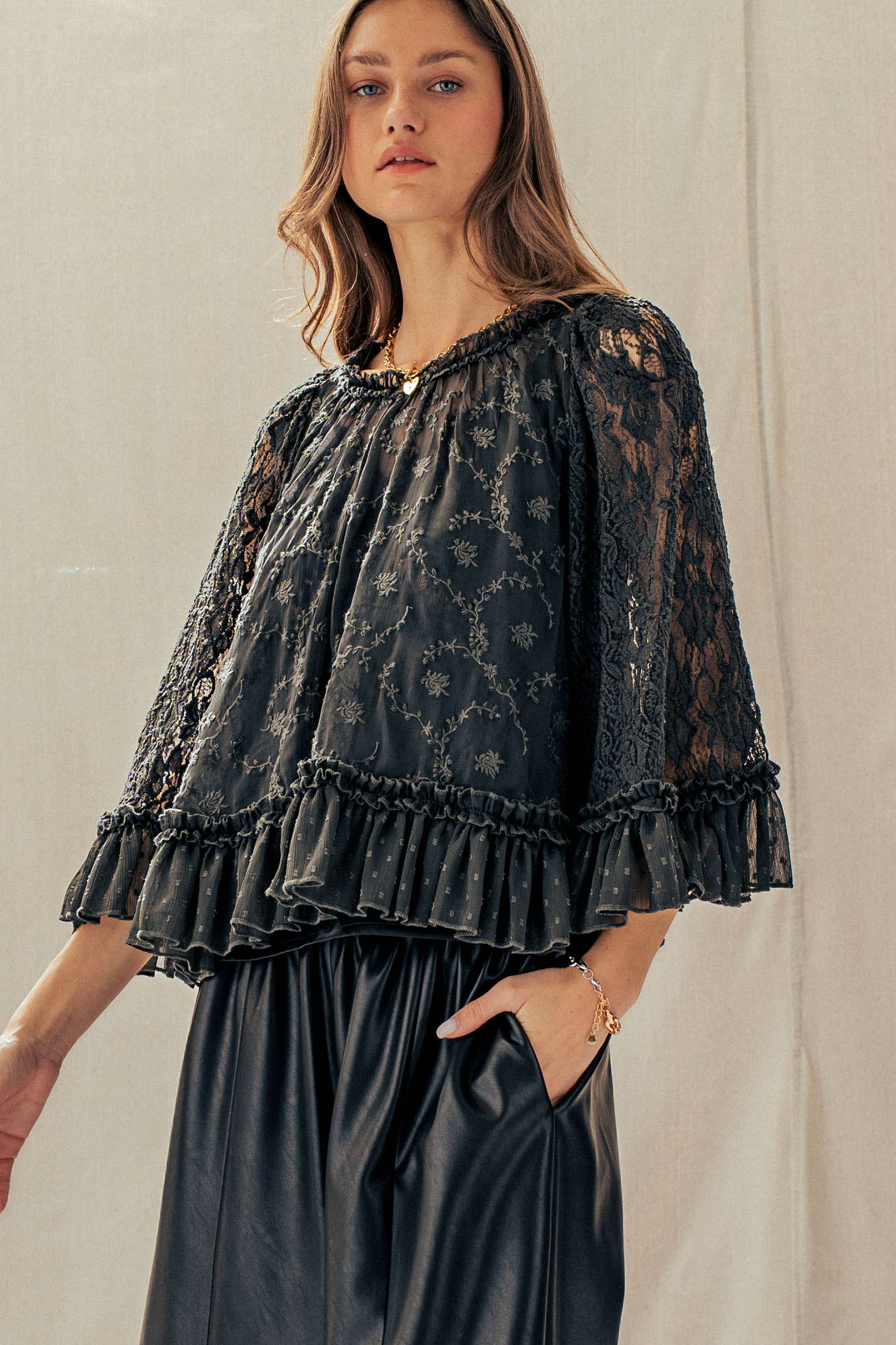 Swiss Dot Lace Top Ruffle Flutter Sleeve
