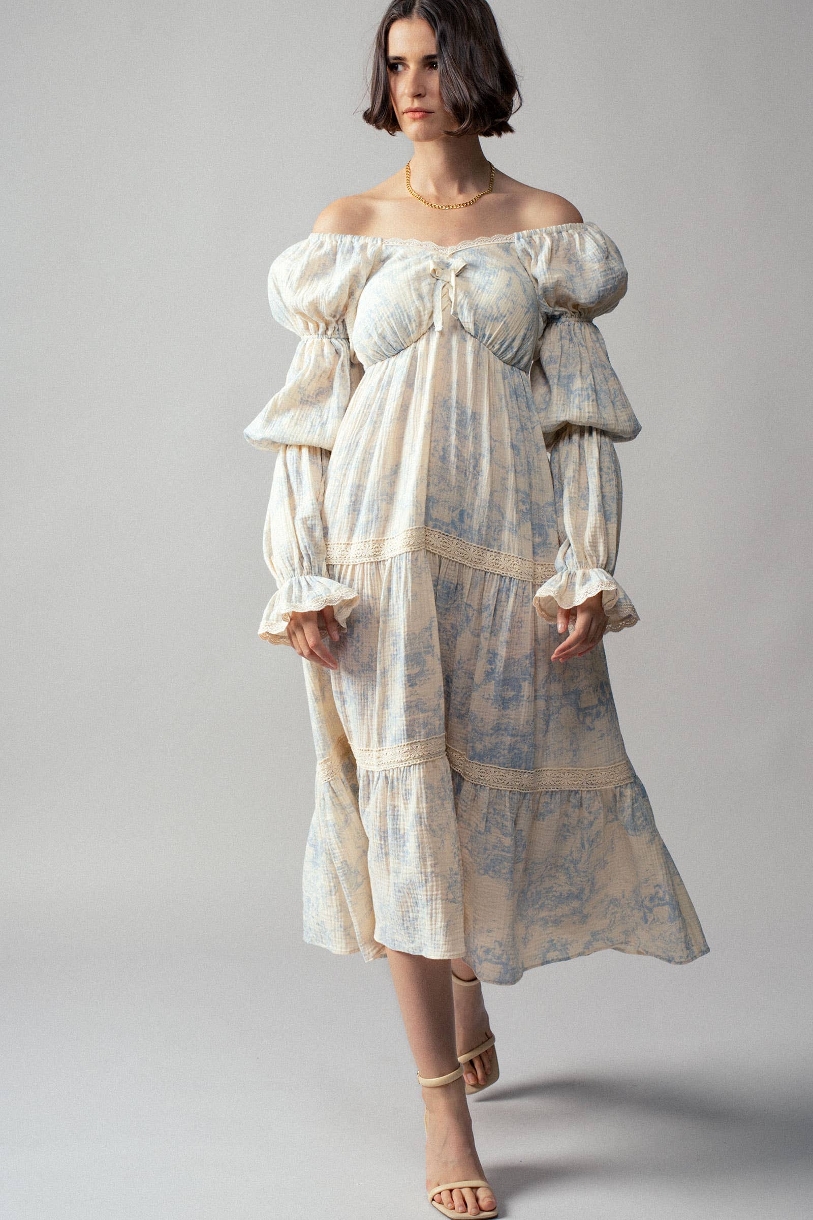 Urban Daizy Off-Shoulder Tiered Puff Sleeve Midi Dress Blue Dress - Women's (UDDR0211-Blue) – alternate view 12