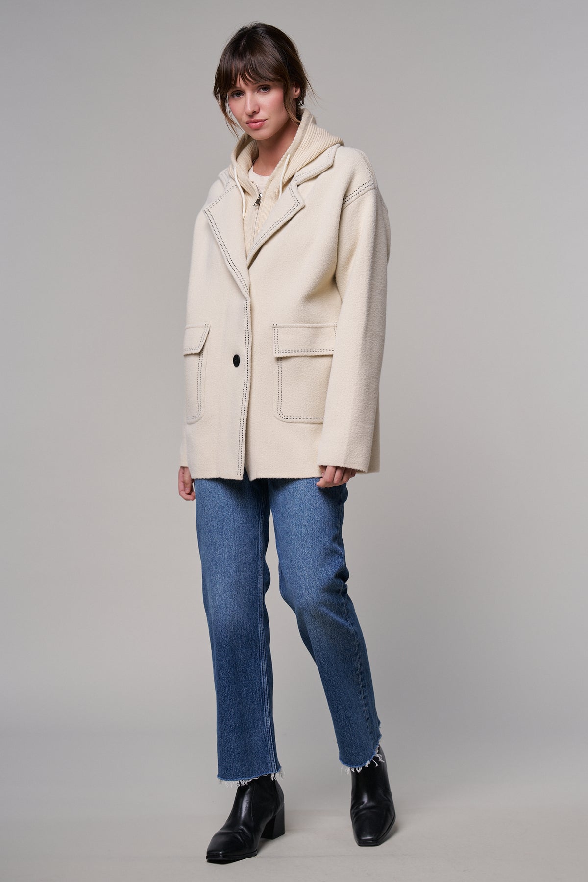 Wool Blend Knit Coat with Zip Hood