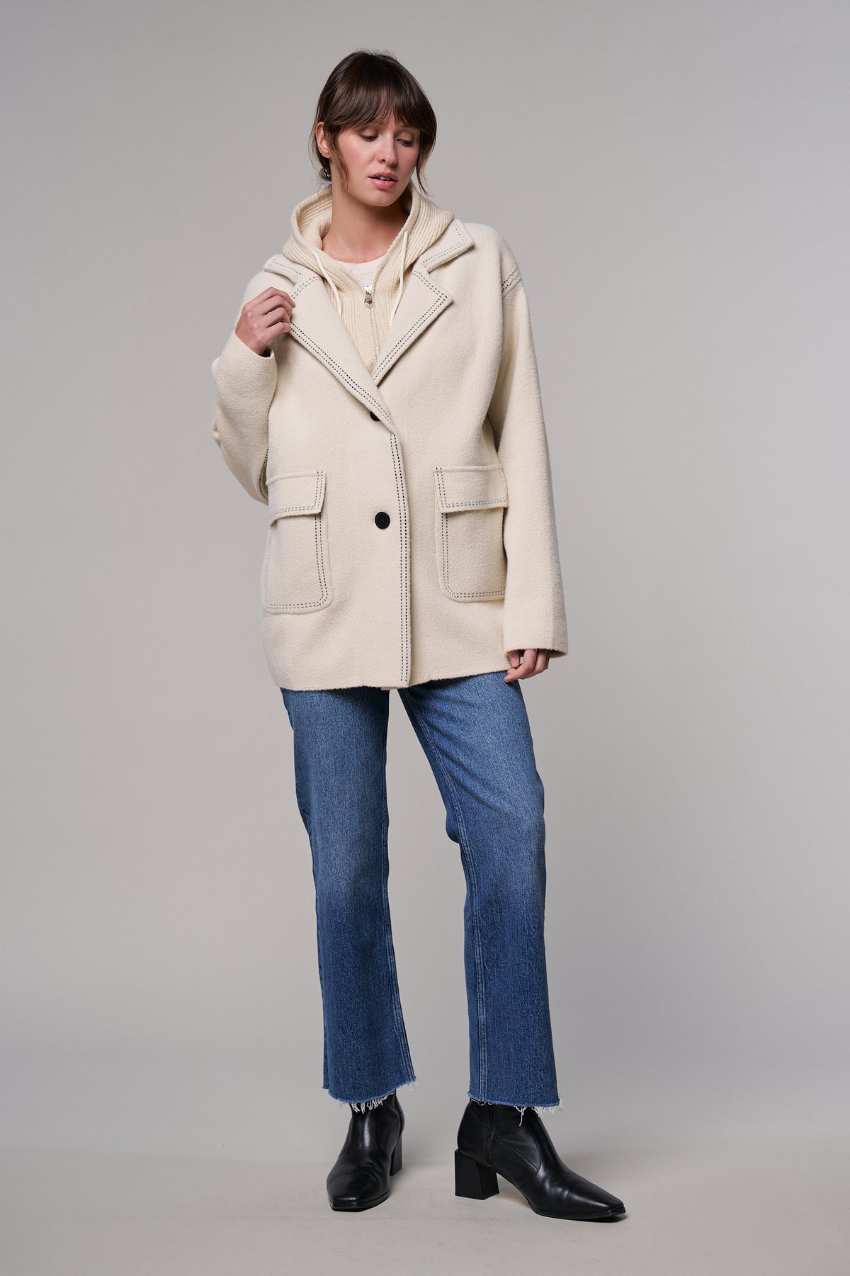 Wool Blend Knit Coat with Zip Hood
