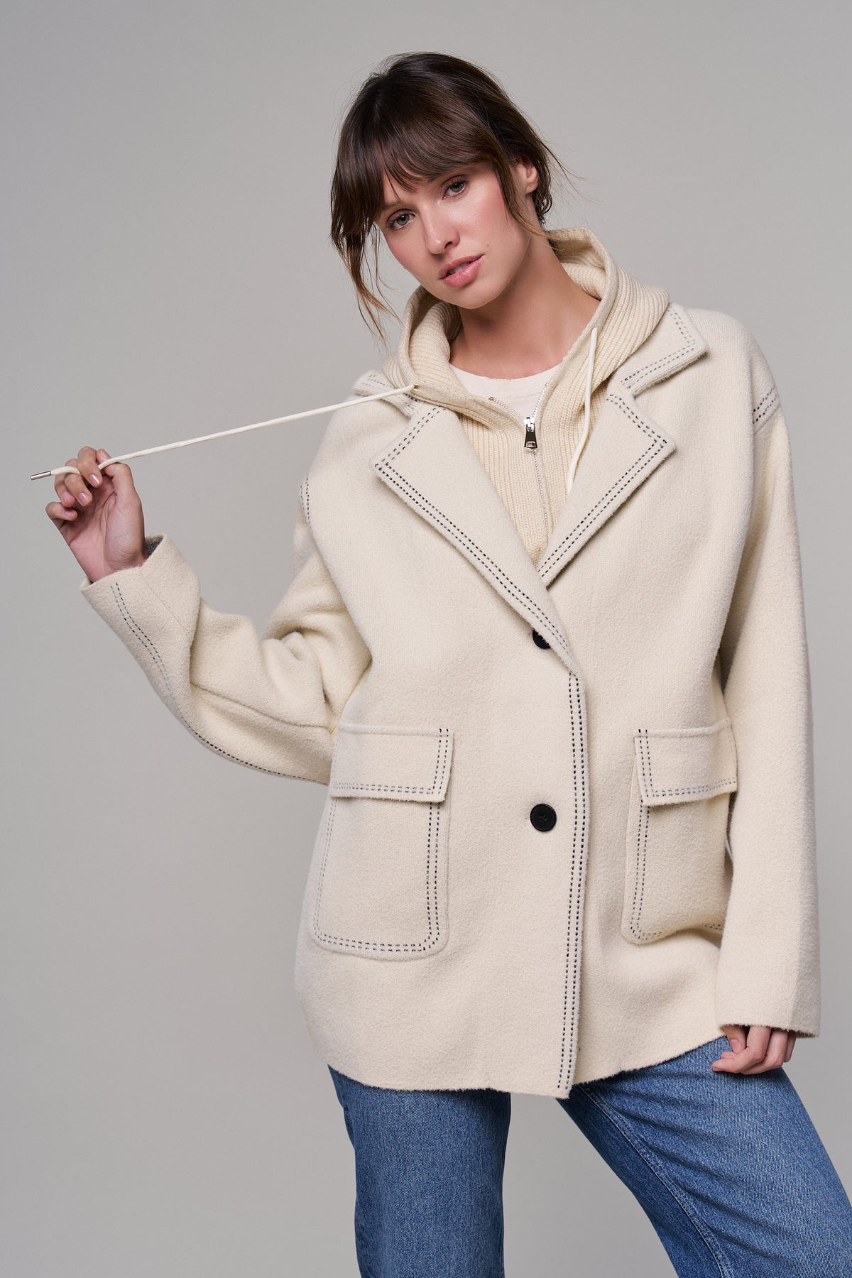 Wool Blend Knit Coat with Zip Hood