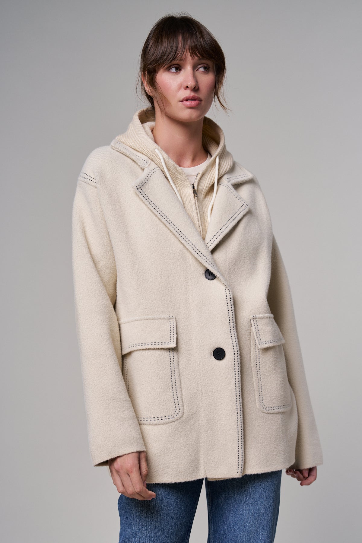 Wool Blend Knit Coat with Zip Hood