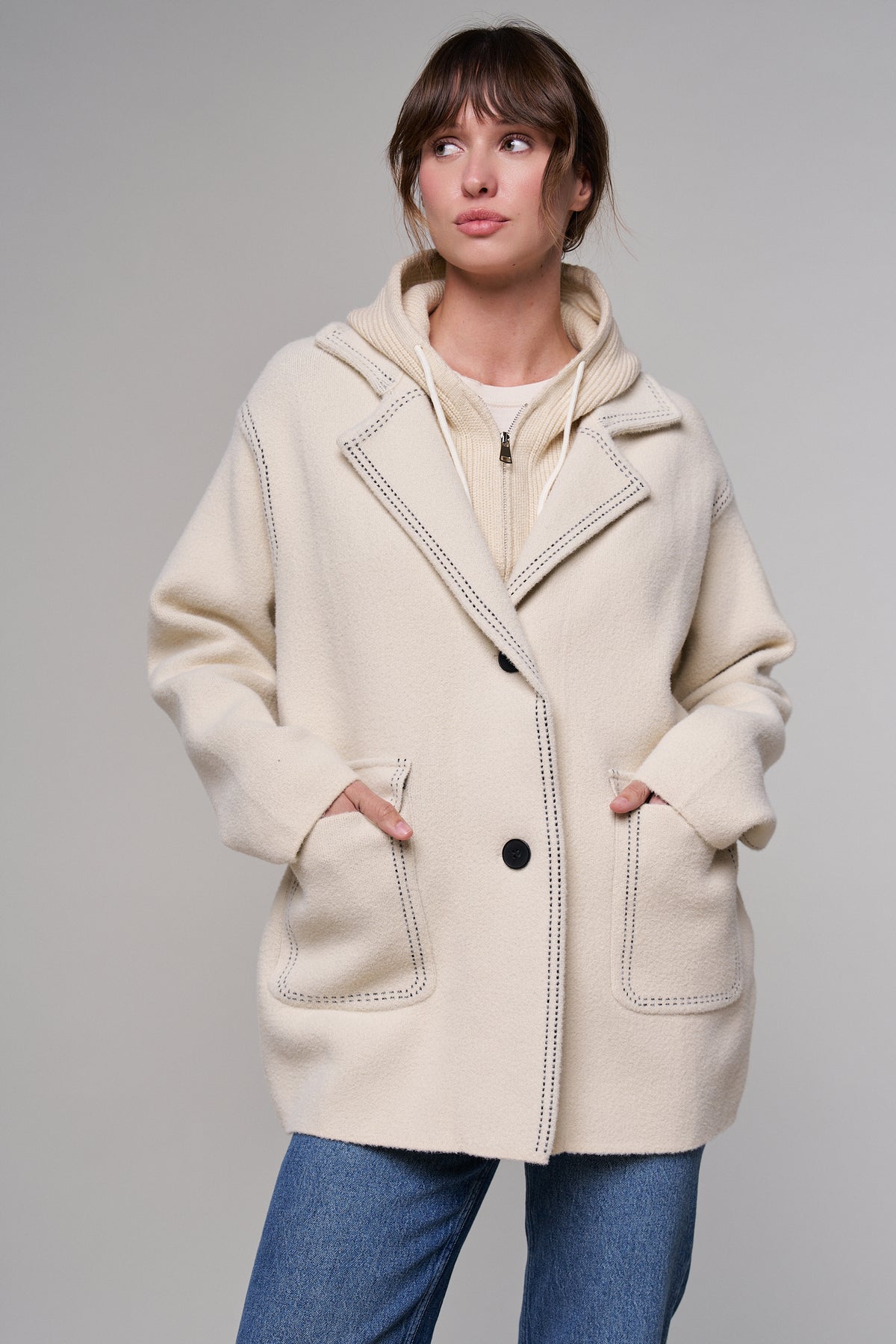 Wool Blend Knit Coat with Zip Hood