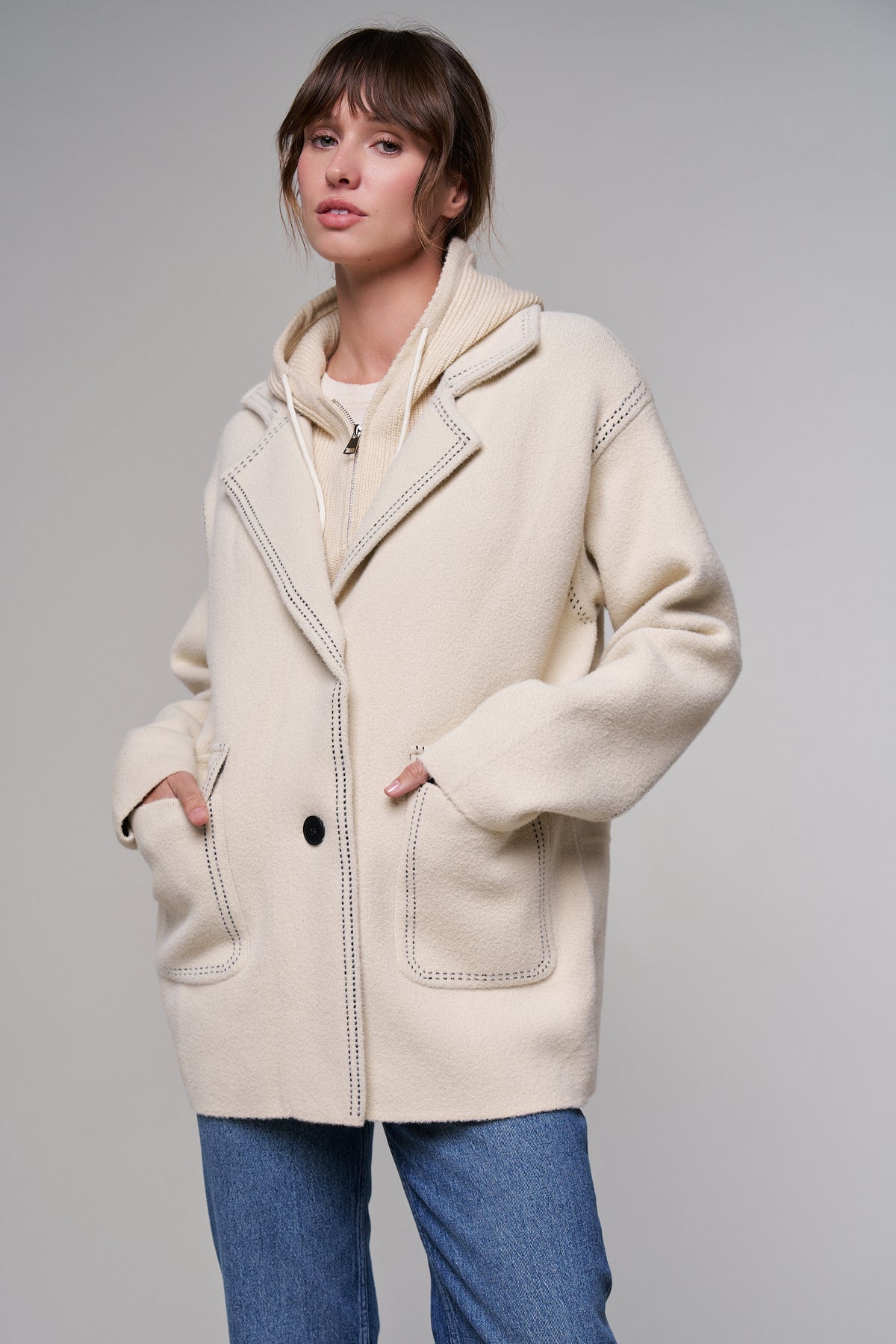 Wool Blend Knit Coat with Zip Hood