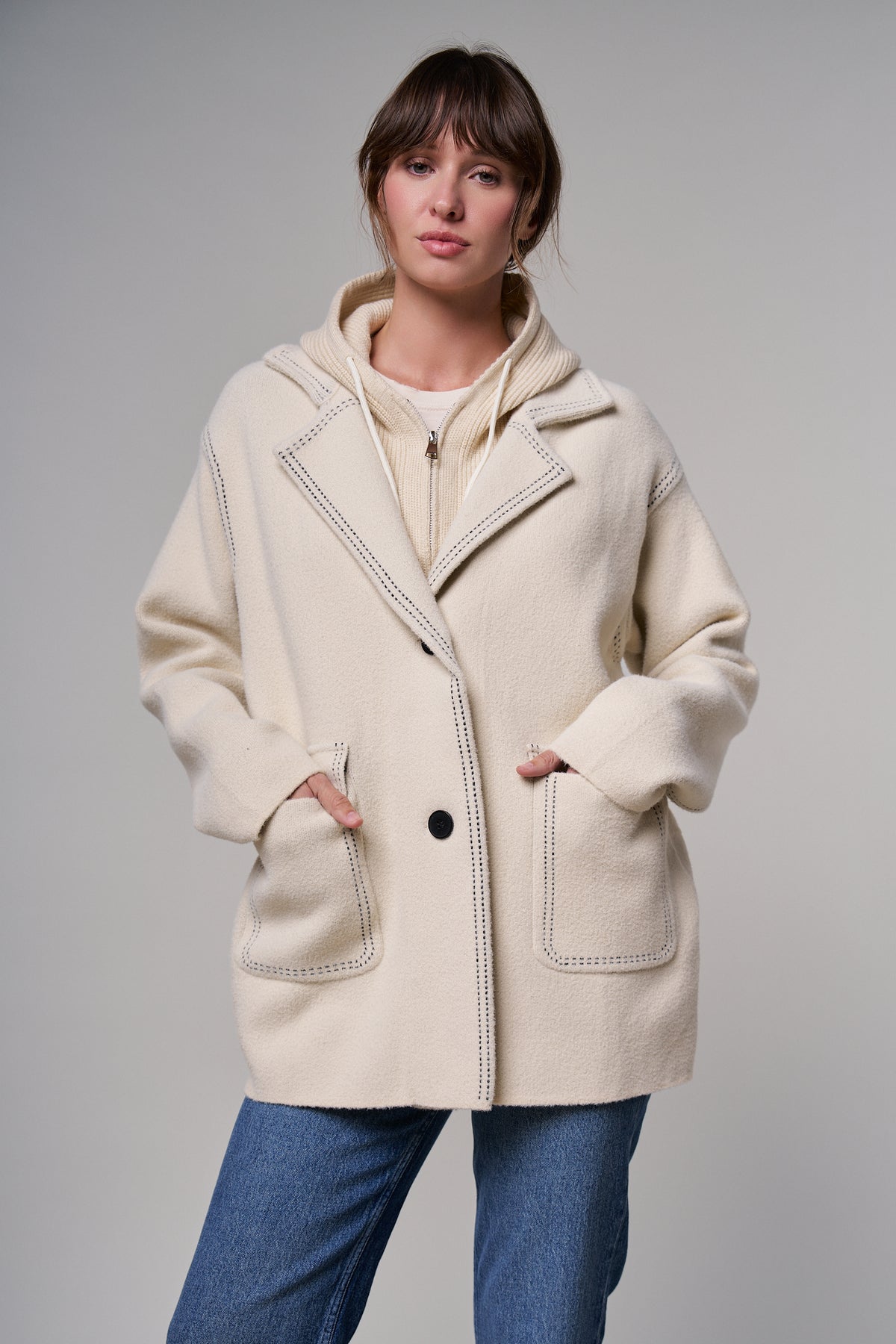Wool Blend Knit Coat with Zip Hood