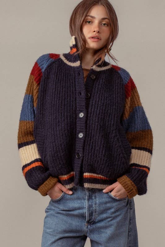 Urban Daizy Chunky Rib-Knit Faux Fur Lined Cardigan Navy Cardigan - Women's (UDZ-KN-00652)