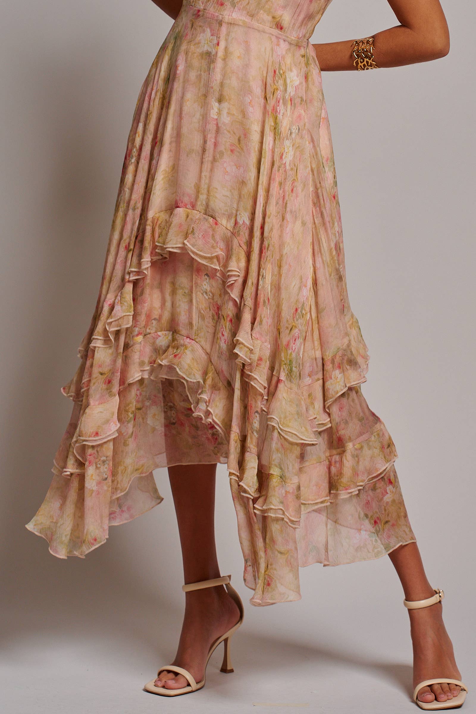 Floral Waterfall Ruffle Midi Dress Crochet Trim