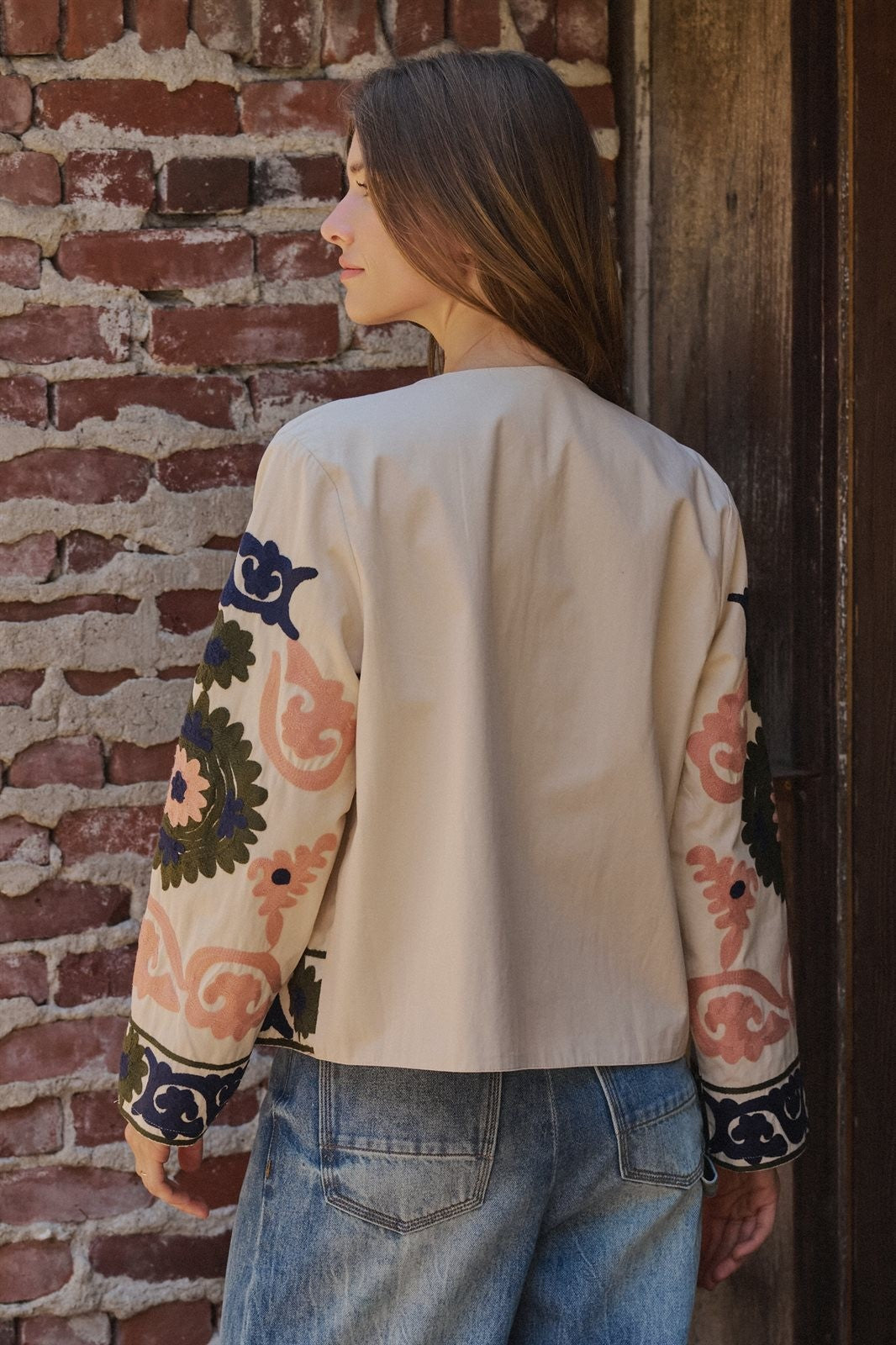 Suzani Embroidered Cotton Jacket with Floral Scroll in CREAM - Women's Jackets & Blazers | Urban Daizy