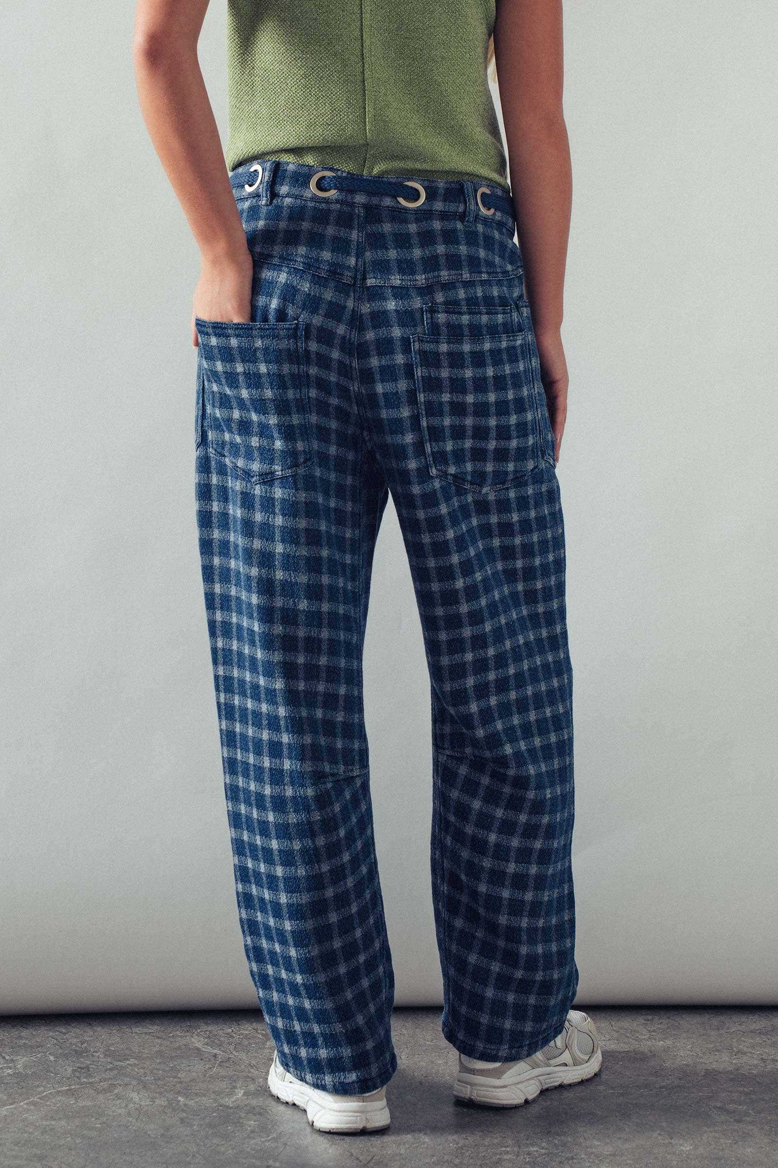 Checkered Vintage Wash Denim Pants