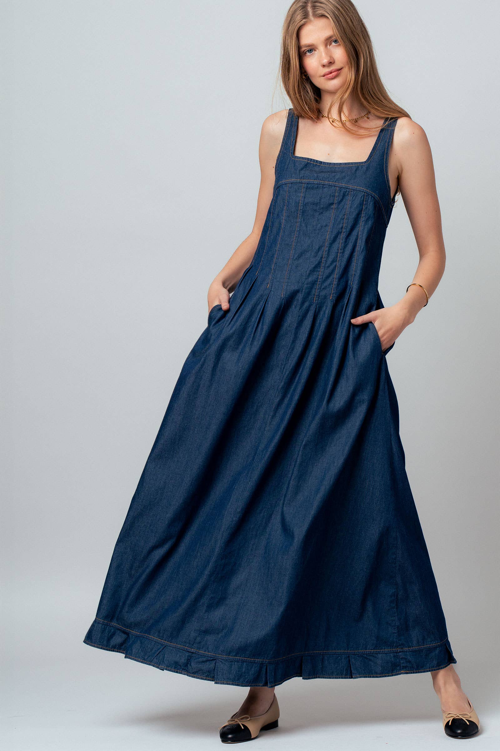 Smocked Back Denim Maxi Dress