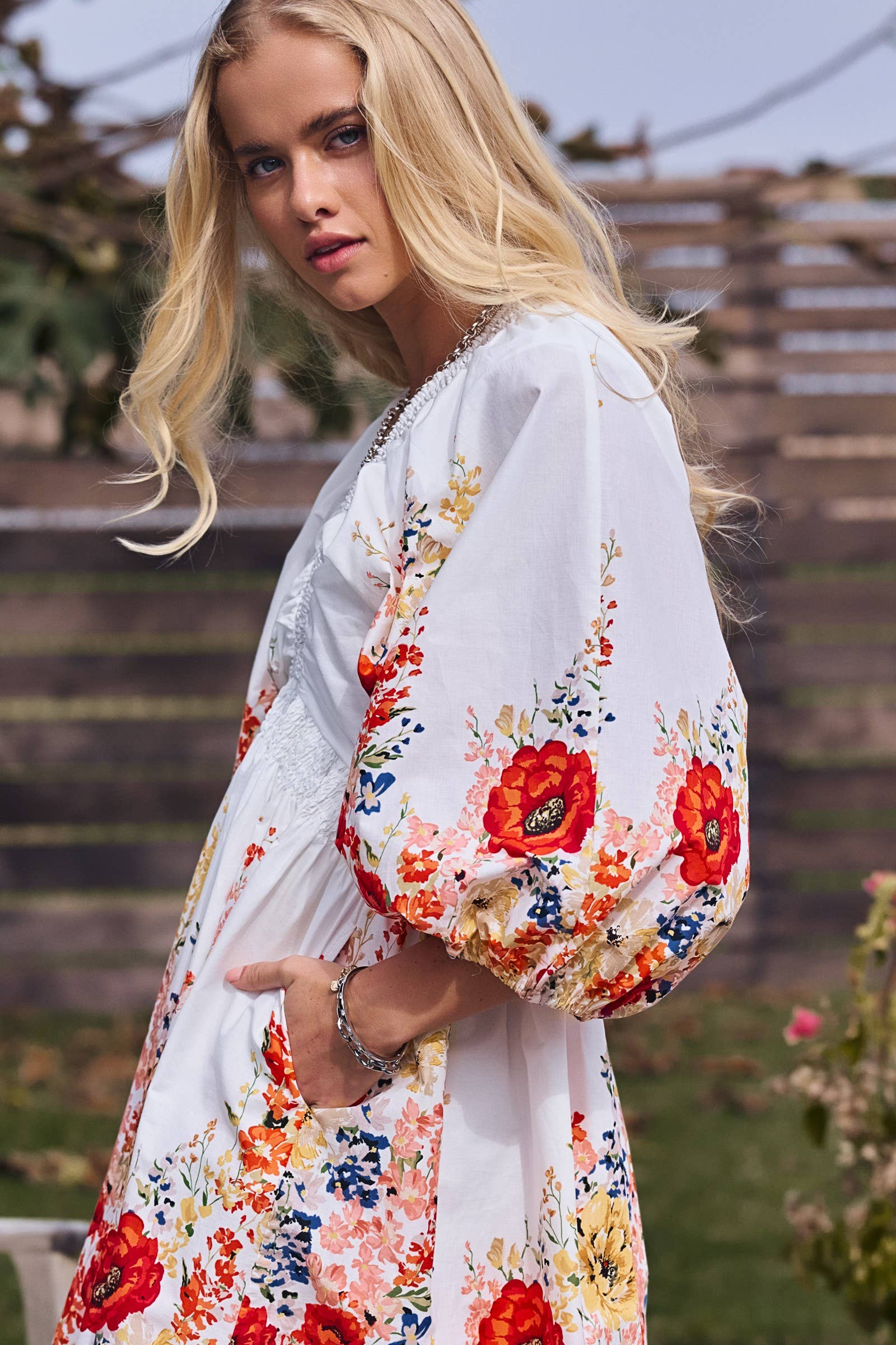 Urban Daizy Floral Print Smocked Cotton Mini Dress Ivory-Multi Dress - Women's (UDZ-DR-00481) – alternate view 4