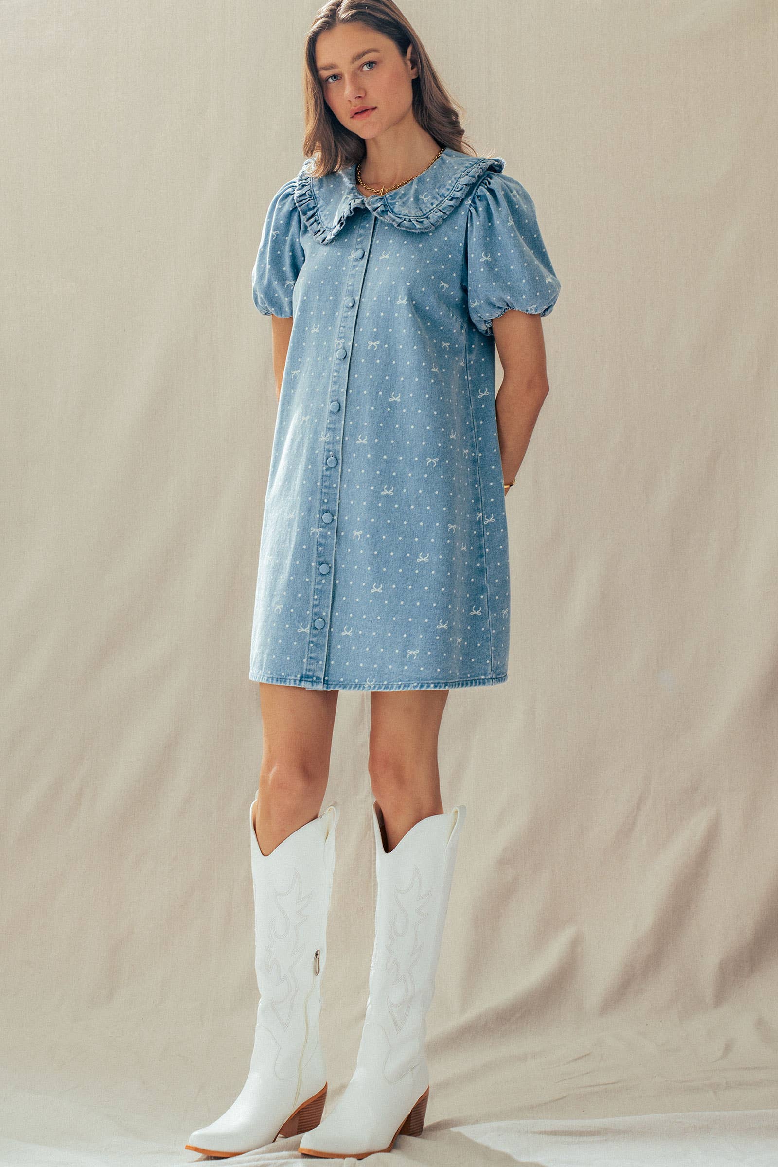 Bow Print Denim Mini Dress Ruffle Collar