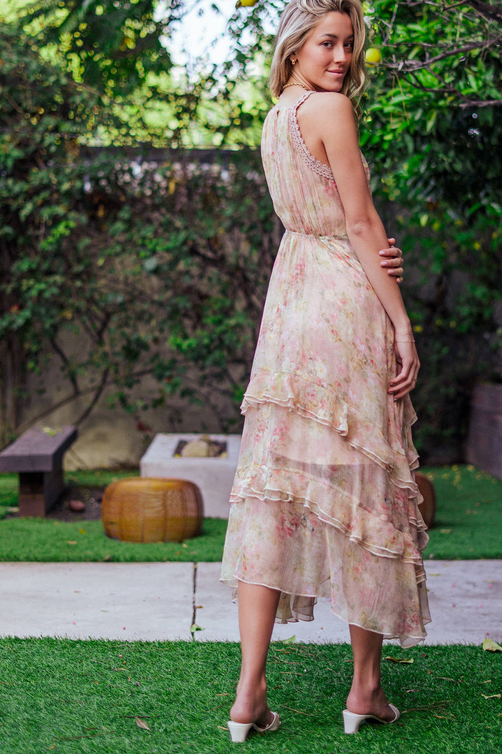 Floral Waterfall Ruffle Midi Dress Crochet Trim