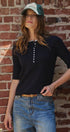 Wool Blend Cable Knit Henley with Contrast Neckline in NAVY - Women's Sweaters | Urban Daizy