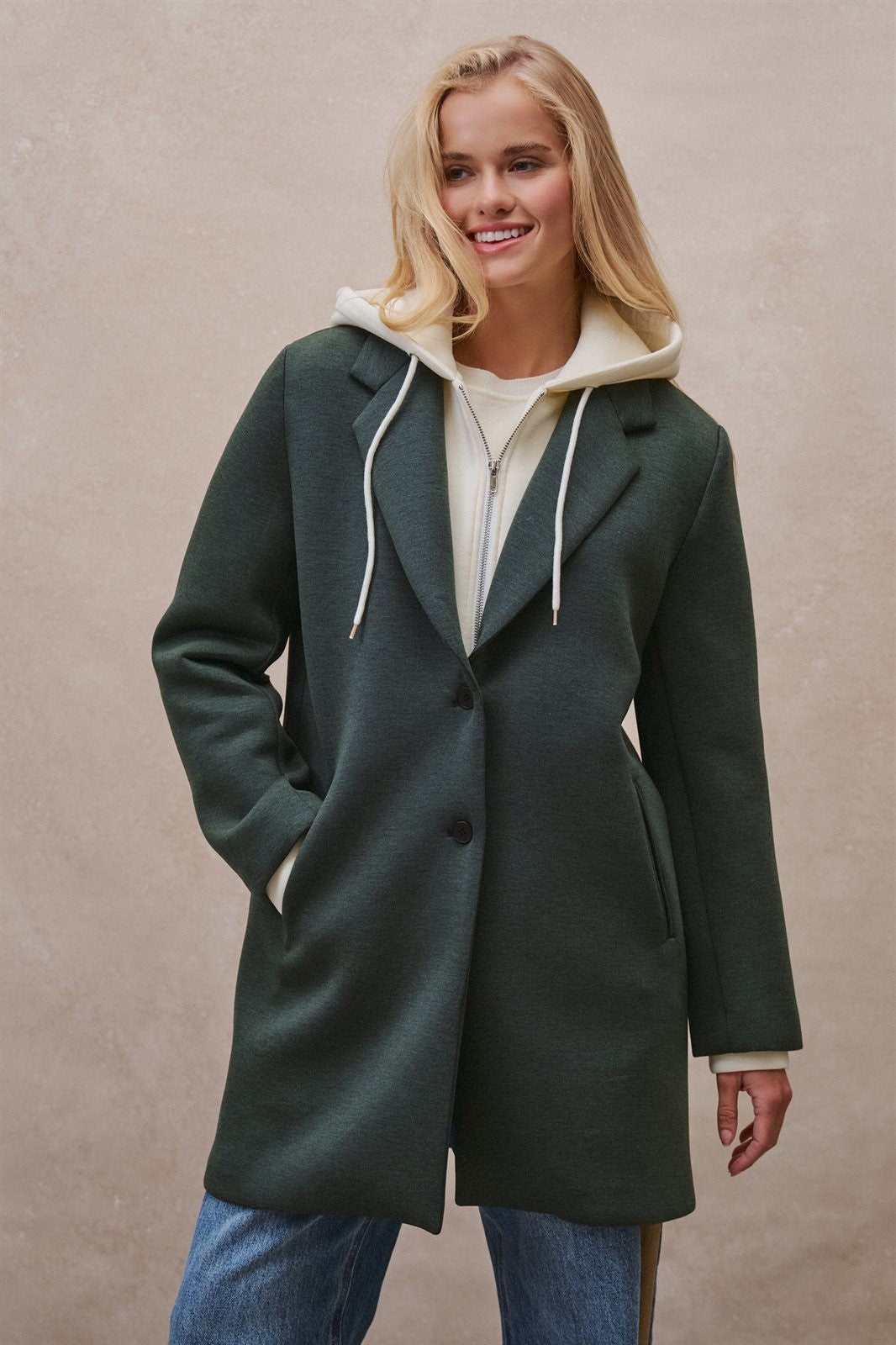 Scuba Topcoat with Detachable Hoodie in OLIVE - Women's Coats | Urban Daizy