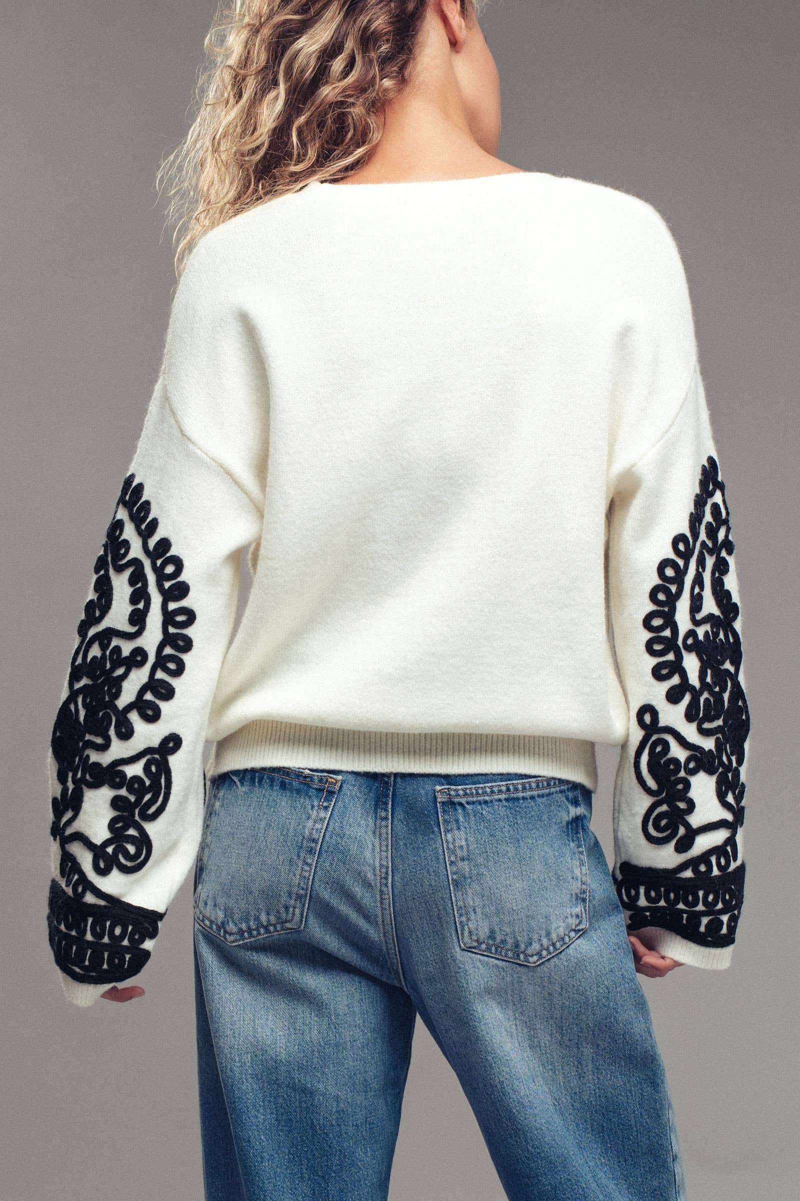 Urban Daizy Embroidered Sleeve Ivory Knit Sweater Ivory-Black Knit Sweater - Women's (UDZ-KN-00654) – alternate view 8