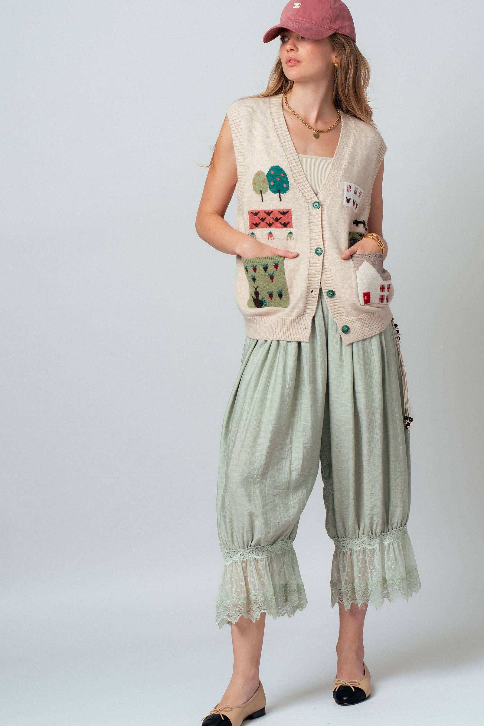 Urban Daizy Boho Graphic Knit Vest with Patch Pockets Oatmeal Sweater Vest - Women's (UDZ-KN-01039) – alternate view 12