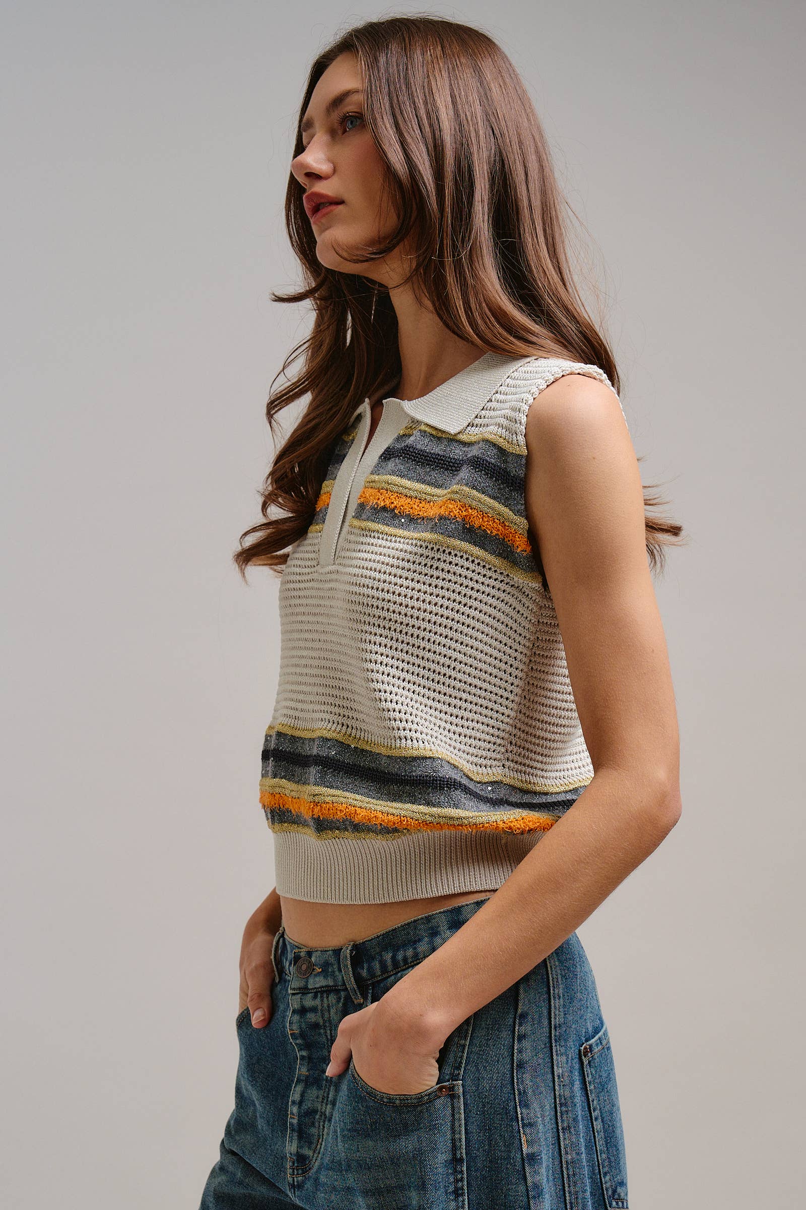 Retro Striped Metallic Knit Sleeveless Polo