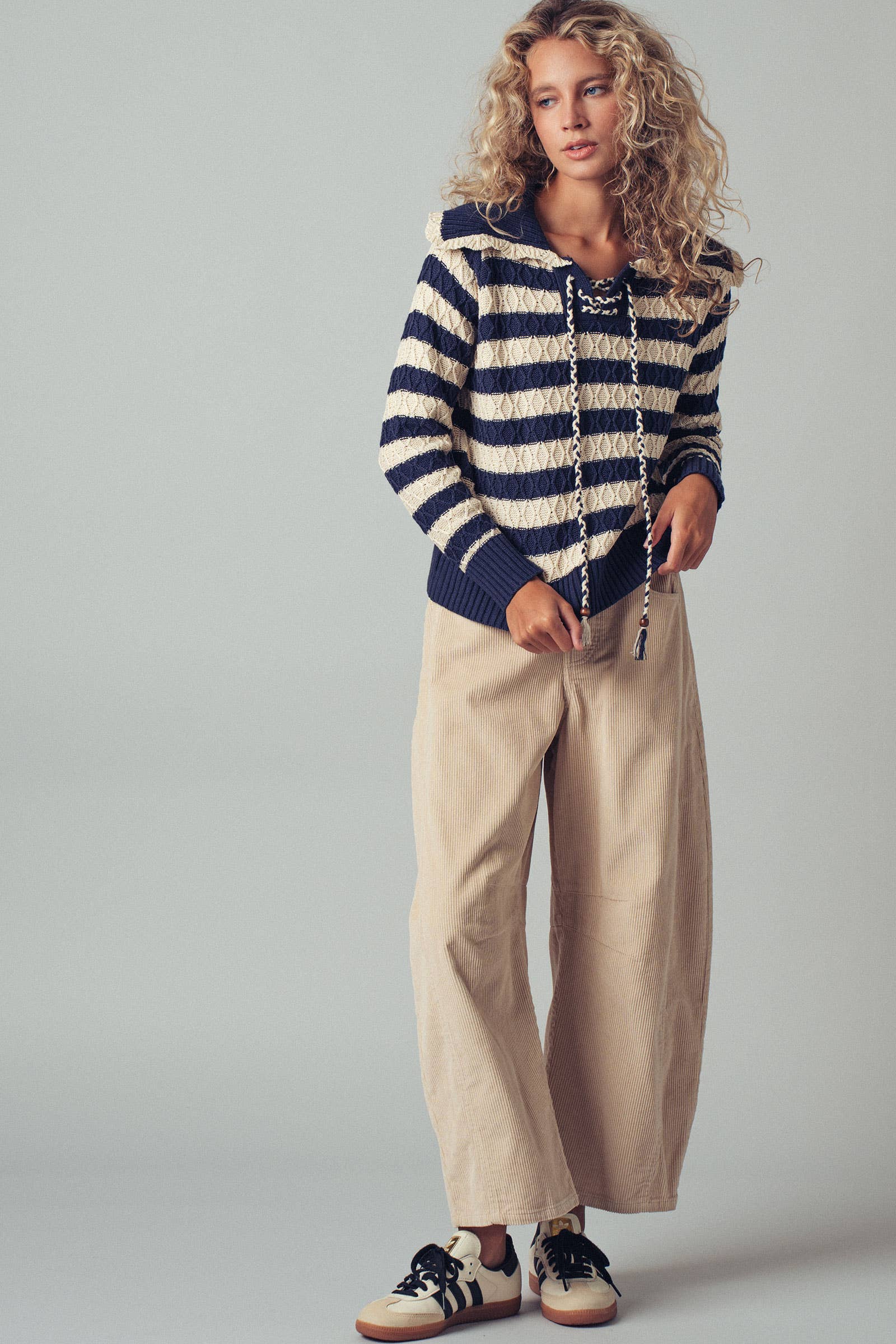 Lace-Up Cable Knit Striped Sweater Top