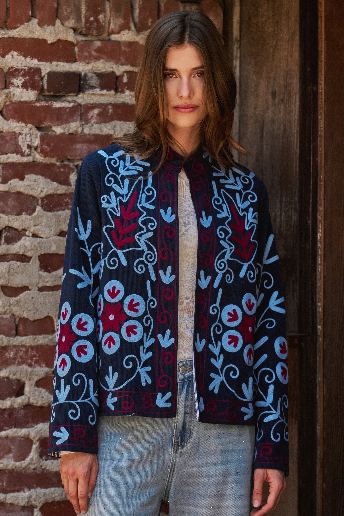 Embroidered Corduroy Jacket with Folk Floral Scroll in NAVY - Women's Jackets & Blazers | Urban Daizy