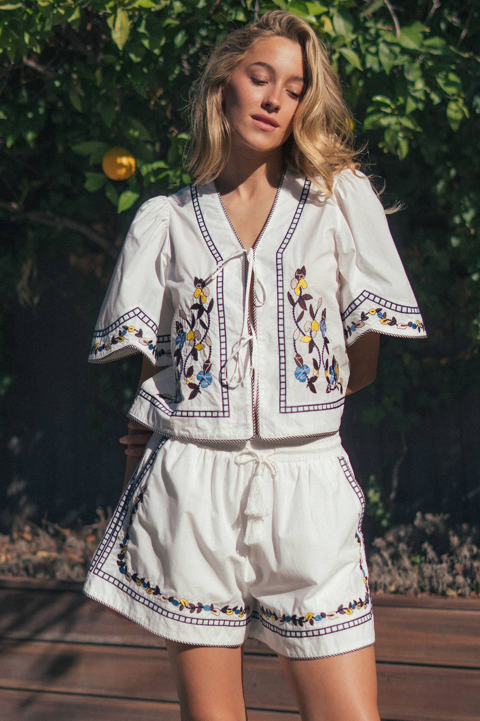 Floral Embroidered Drawstring Cotton Shorts