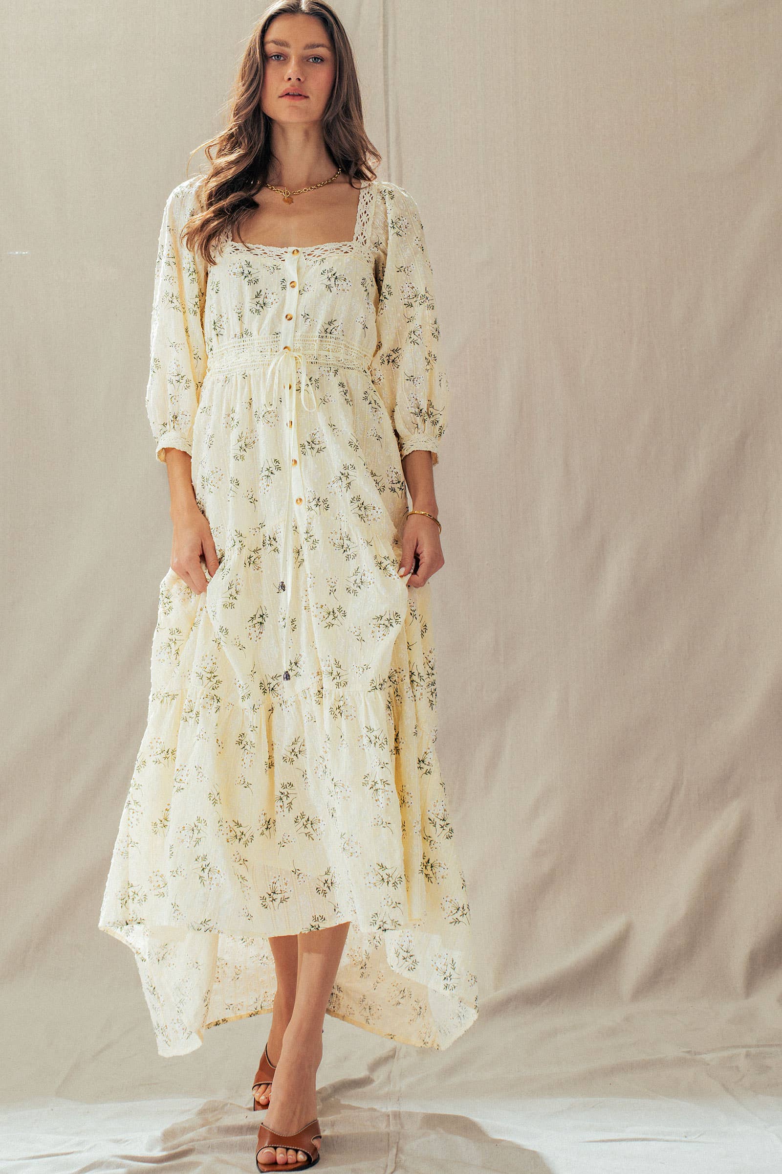 Floral Print Crochet Trim Balloon Sleeve Maxi Dress