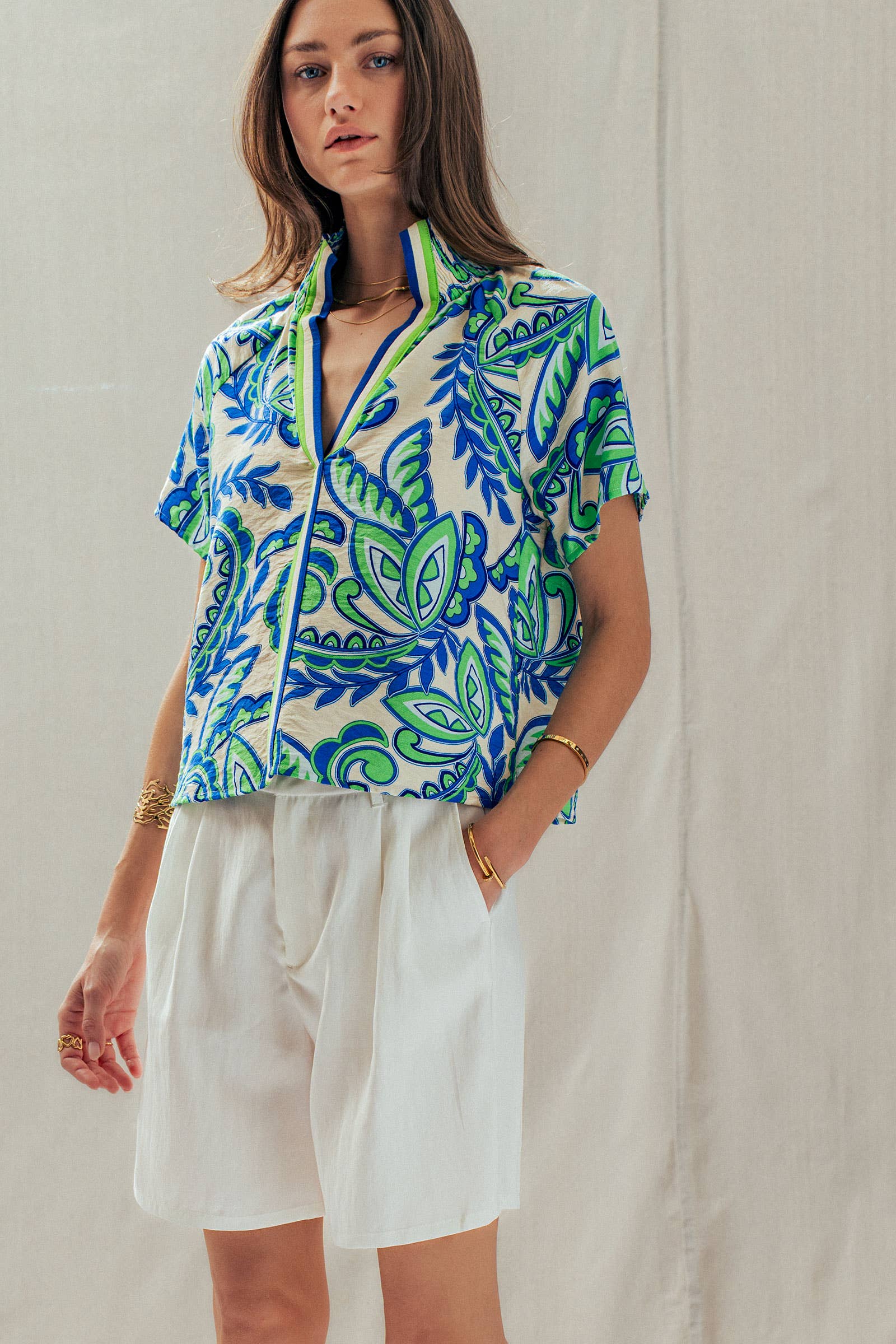 Paisley Smocked High-Neck V-Neck Blouse