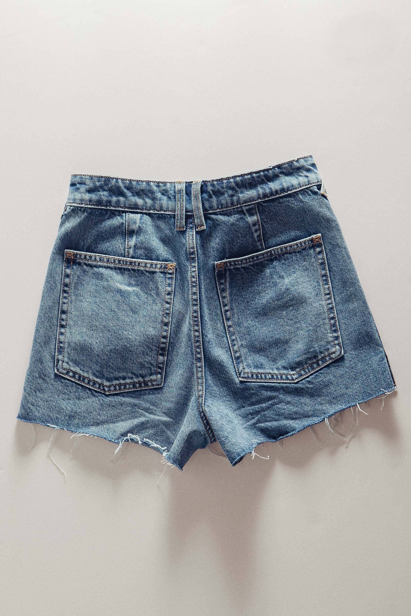 Urban Daizy High Rise Patch Pocket Raw Hem Denim Shorts Denim-Blue Shorts - Women's (UDZ-PT-00446) – alternate view 2