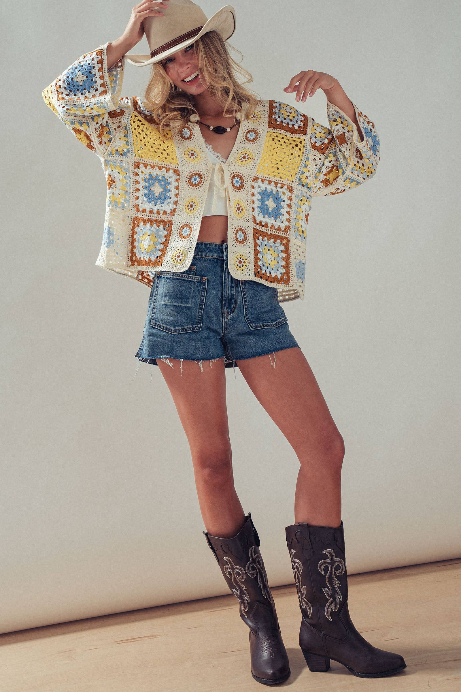 Granny Square Crochet Tie-Front Cardigan