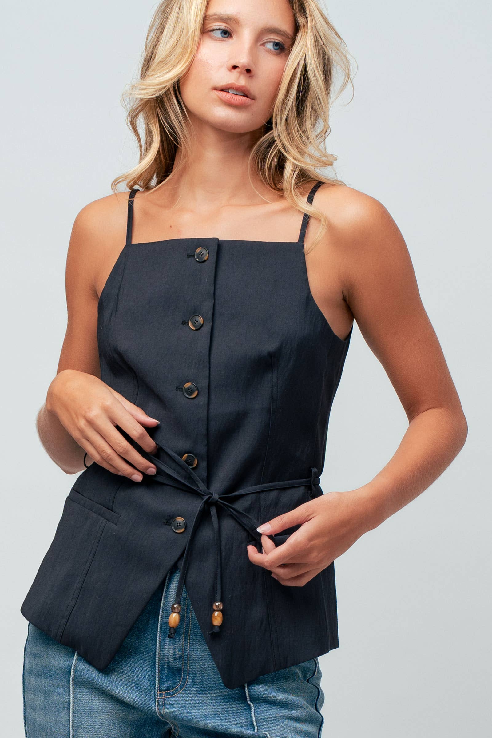 Button Front Tie Waist Vest Top