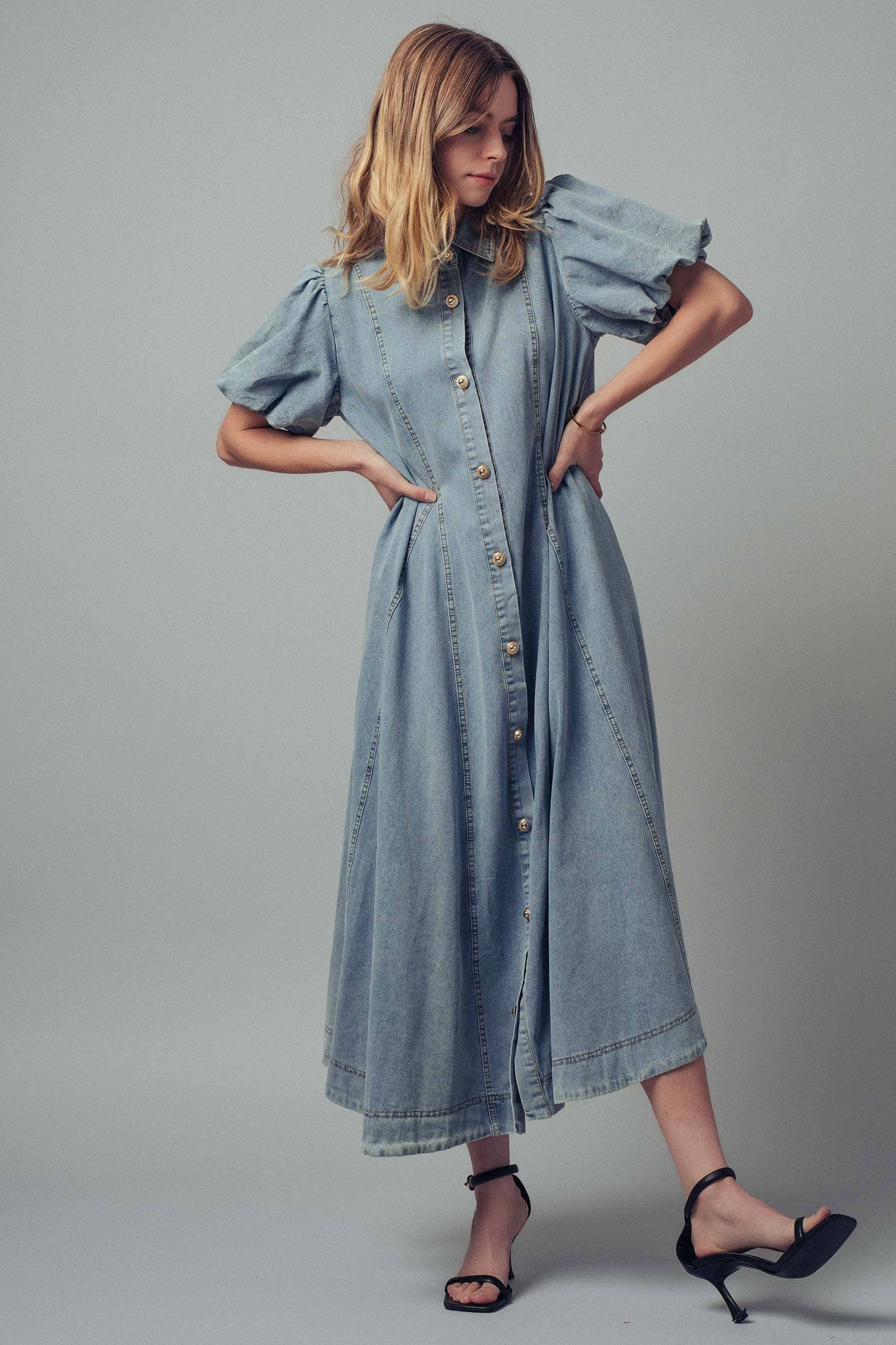 Urban Daizy Puff Sleeve A-Line Denim Maxi Dress Lt-Denim Dress - Women's (UDZ-DR-00392) – alternate view 11