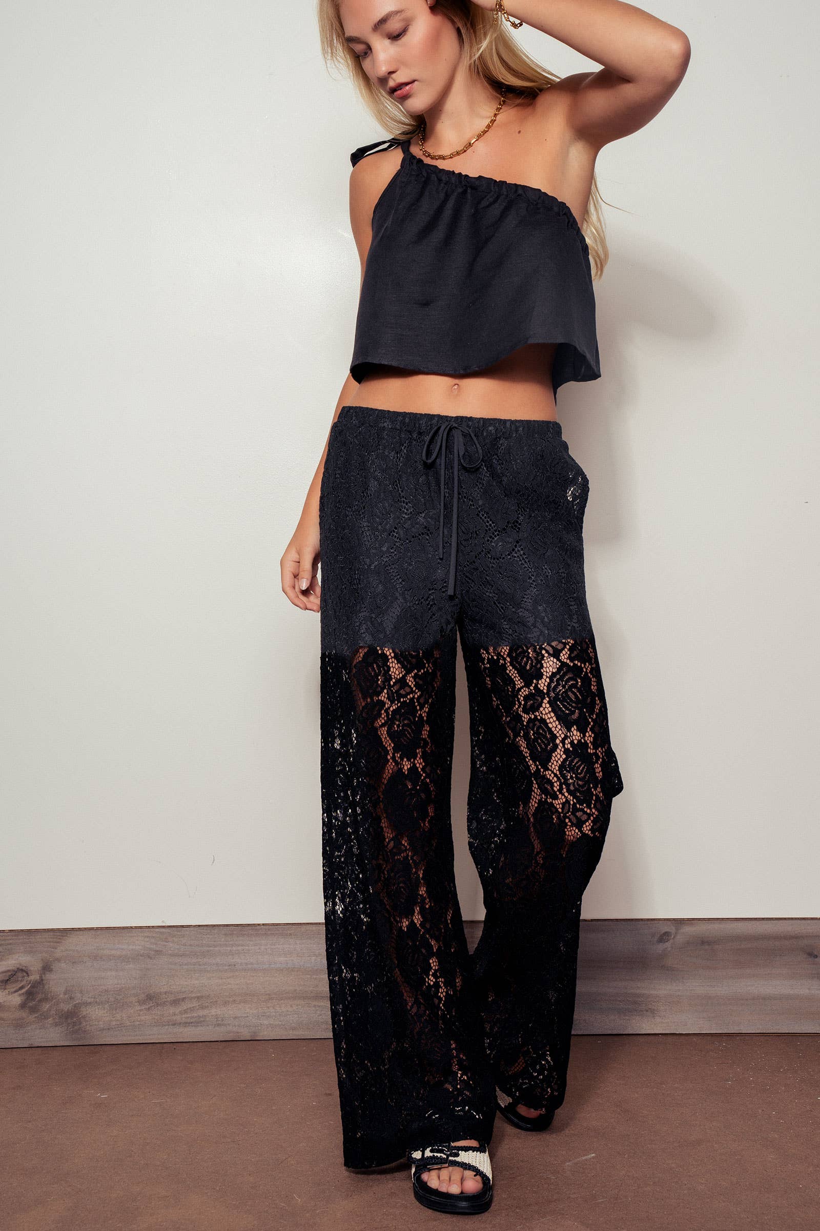 Urban Daizy One Off Shoulder Tie Linen Crop Top Black Blouse - Women's (UDZ-TP-00500) – alternate view 10