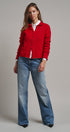 Striped Polo Collar Button Sweater with Rolled Edges in RED - Women's Cardigans & Shrugs | Urban Daizy