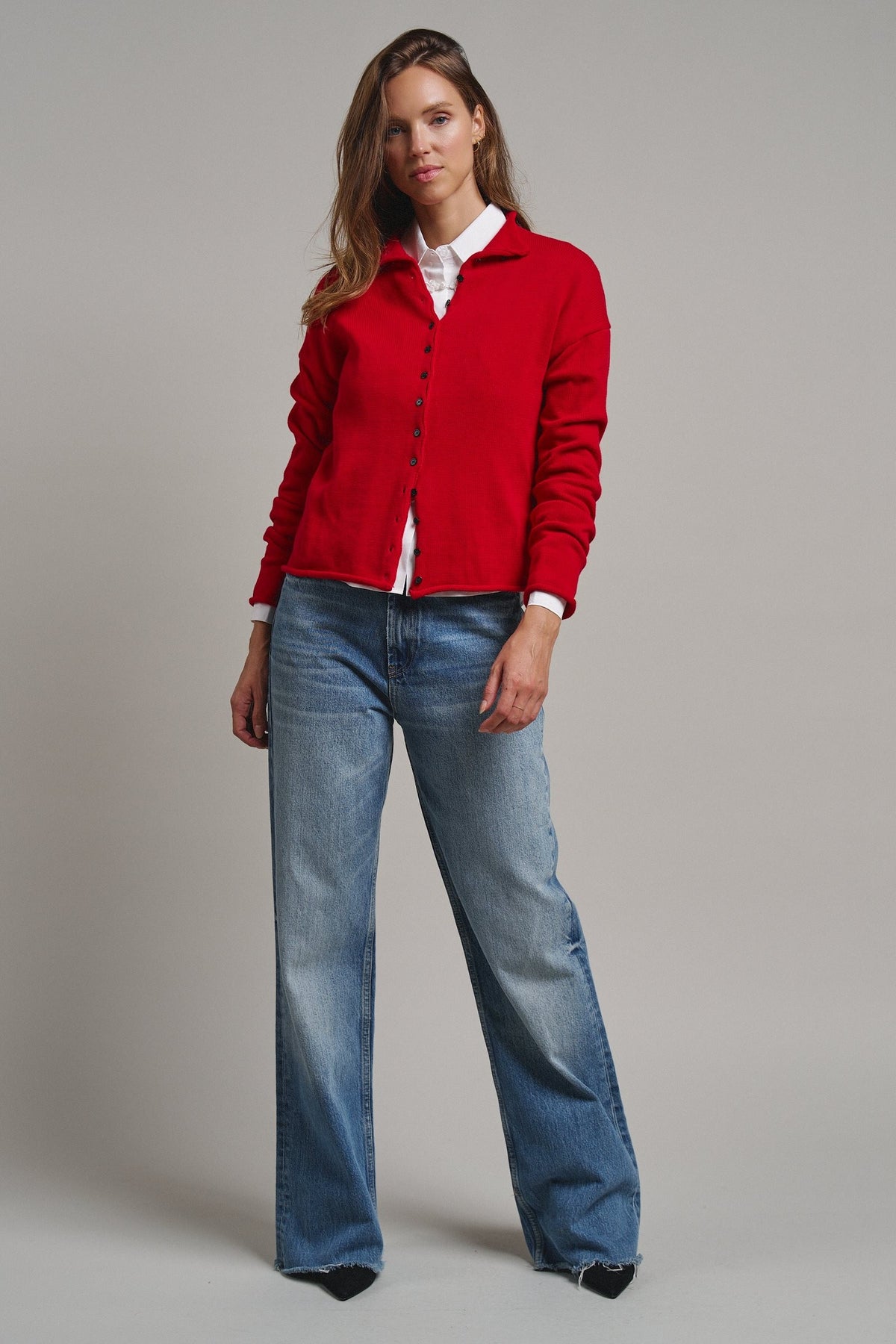 Striped Polo Collar Button Sweater with Rolled Edges in RED - Women's Cardigans & Shrugs | Urban Daizy