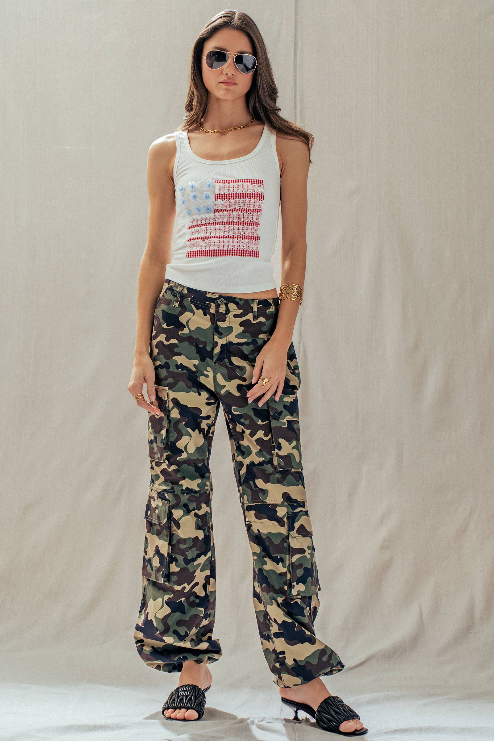 Urban Daizy Gingham & Lace American Flag Patch Ribbed Tank White Tank Top - Women's (UDTP1415) – alternate view 6