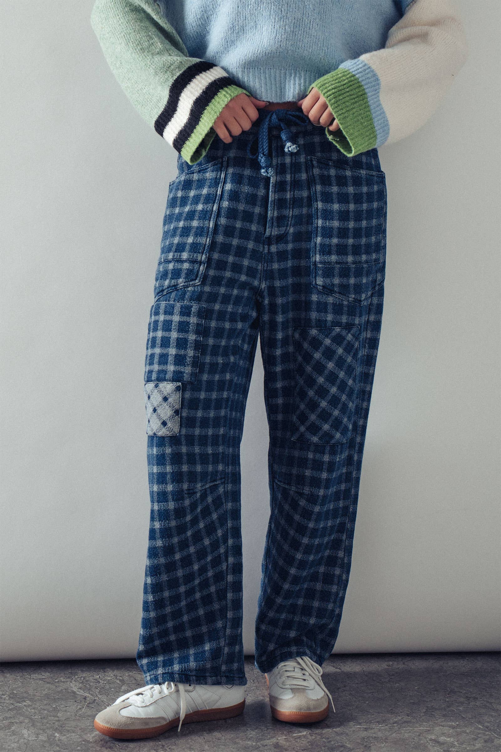 Checkered Vintage Wash Denim Pants