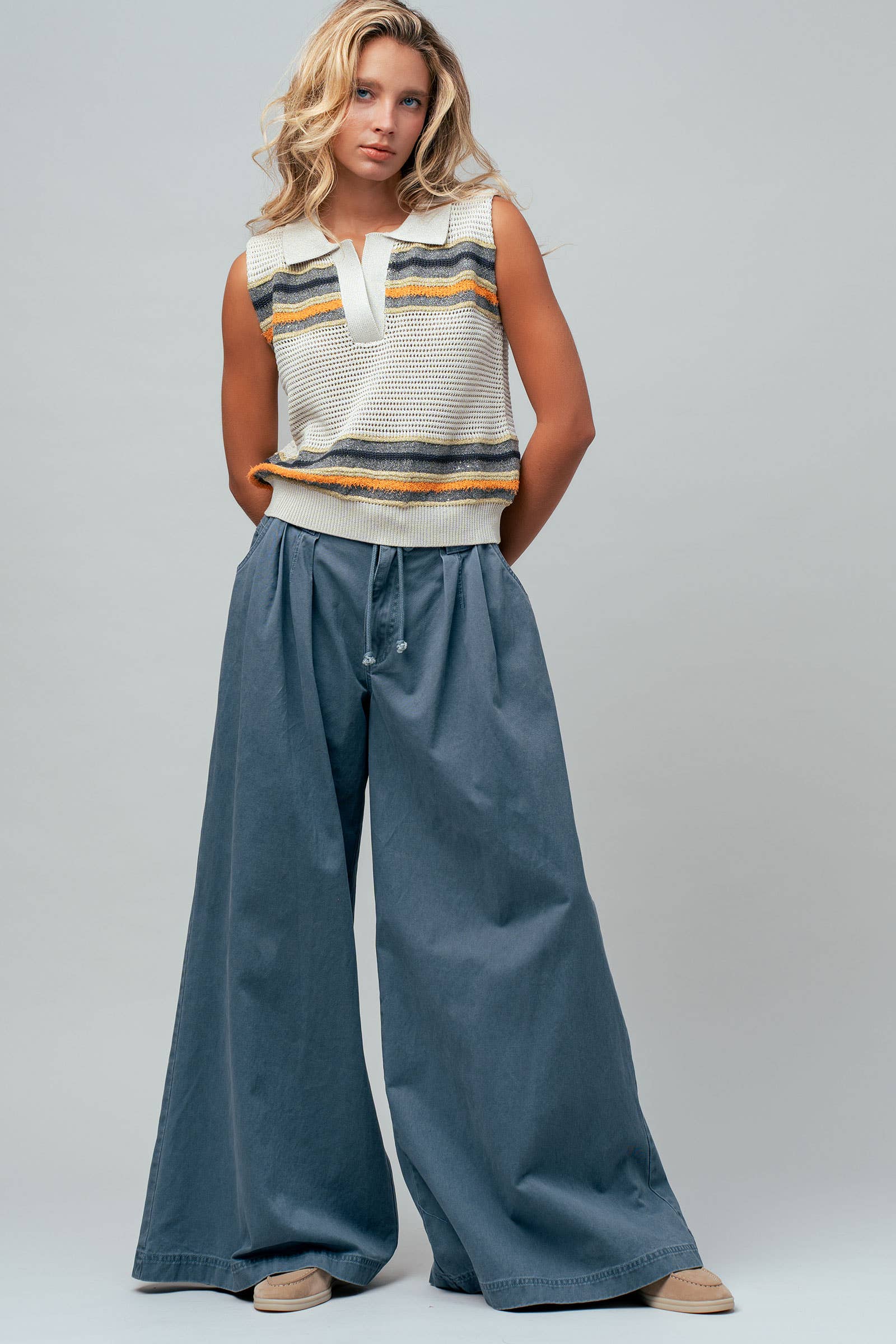 Textured Stripe Collared Open-Knit Vest