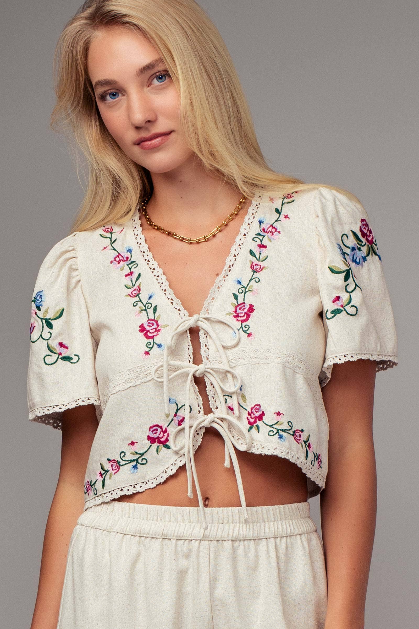 Urban Daizy Embroidered Tie-Front Boho Crop Top Natural Blouse - Women's (UDZ-TP-00811) – alternate view 8