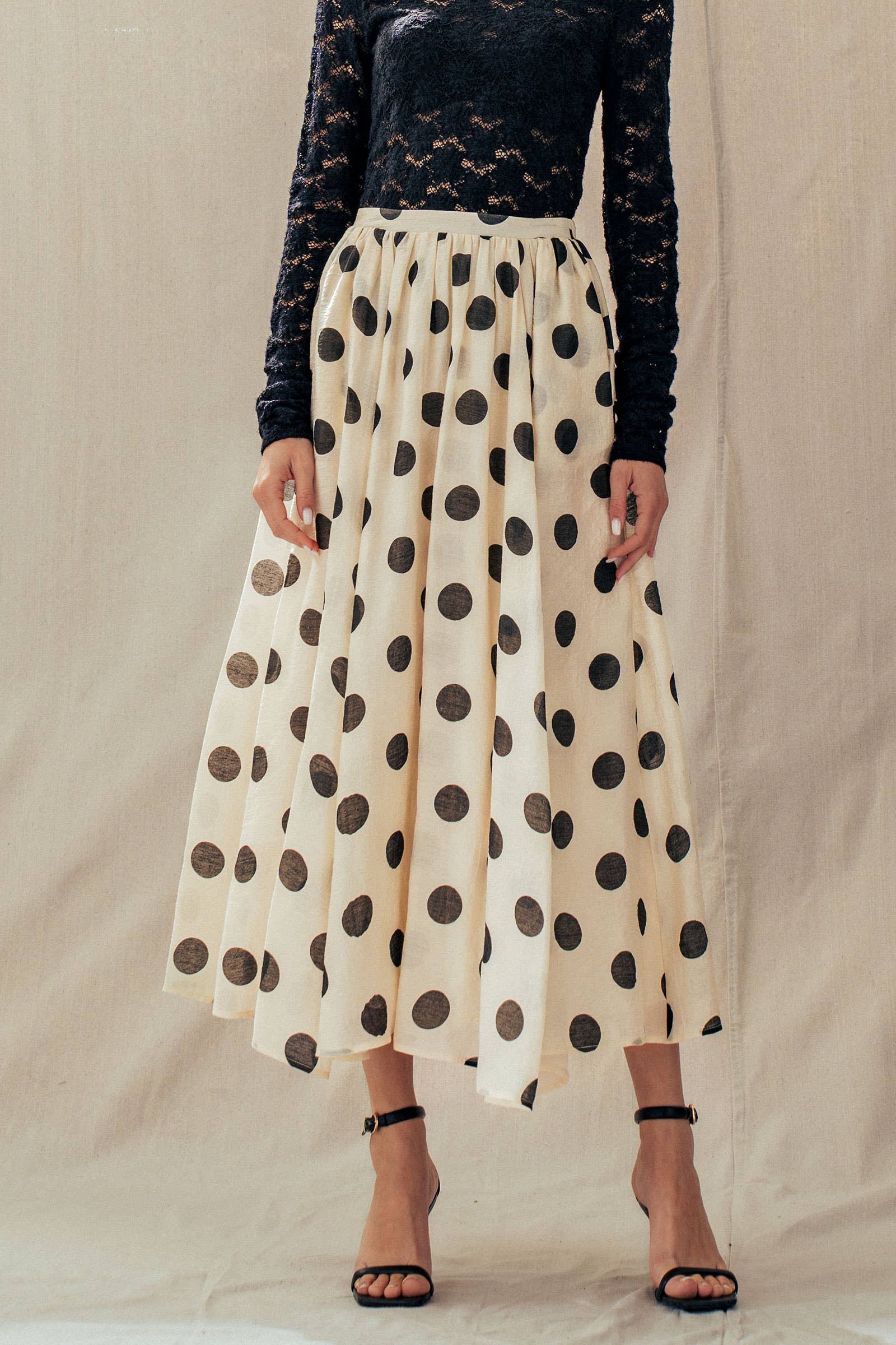 Polka Dot Elastic Waist Midi Skirt